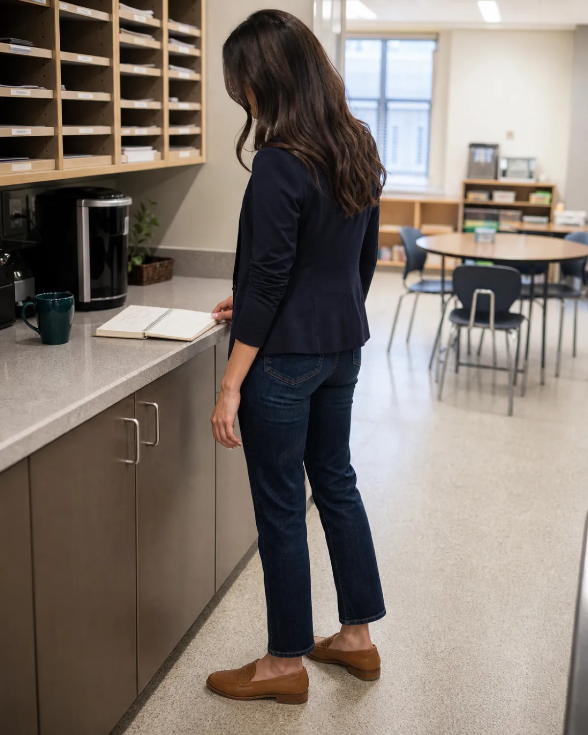 A woman in a back-three-quarter view standing at a staff room counter looking down at a notebook, wearing dark indigo straight-leg jeans with a navy ponte blazer and tan loafers, mailbox cubbies and a coffee mug visible on the counter