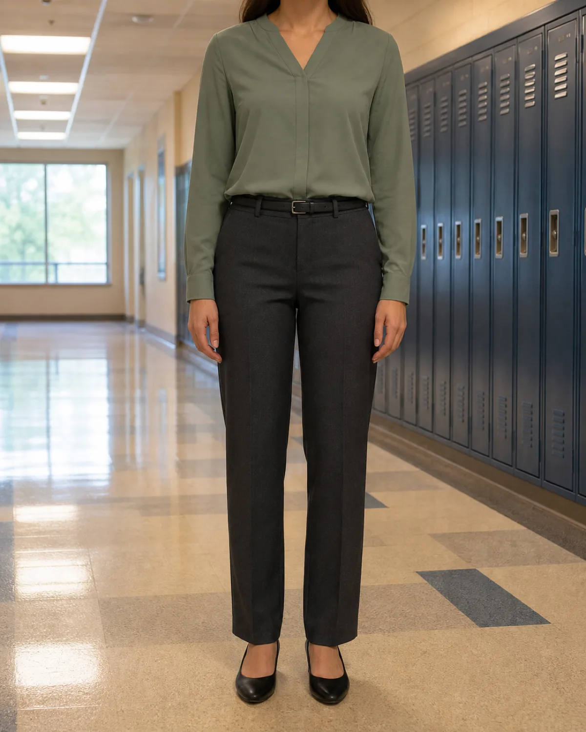 A woman standing in a high school hallway with sage-green blouse tucked into charcoal straight-leg trousers, black belt and black block-heel pumps, lockers behind her