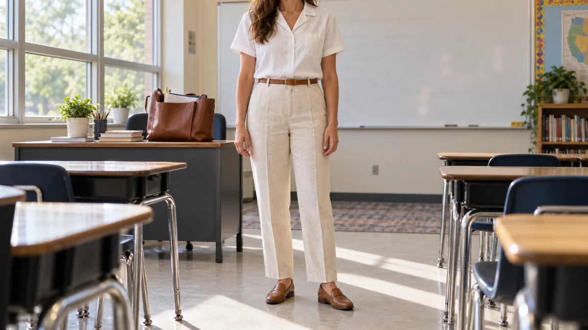 A woman standing at the front of a bright summer classroom wearing ivory linen-blend trousers with a white camp-collar blouse tucked in, a cognac belt and tan loafers, with a whiteboard and student desks behind her