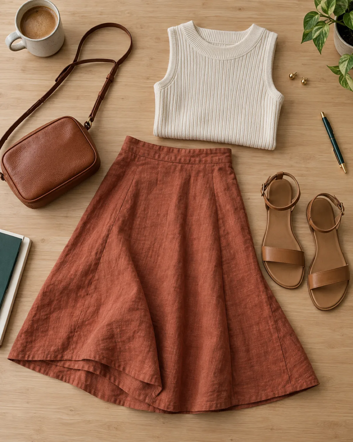 Overhead flat-lay of a terracotta cotton-linen A-line midi skirt, a cream sleeveless ribbed knit top, tan leather sandals, a cognac crossbody bag, gold stud earrings, a coffee mug and a pen on a light wood desk surface
