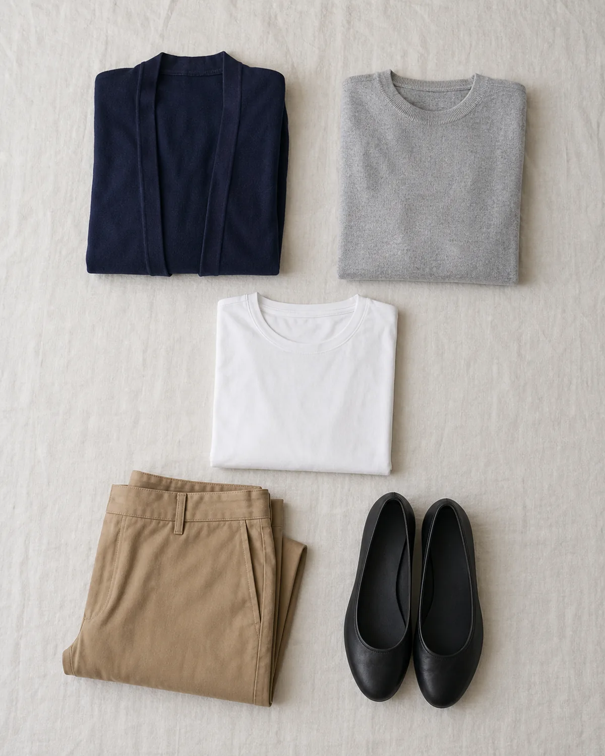 Overhead flat-lay on linen of five capsule items: a navy open-front cardigan, a grey crewneck knit, a white t-shirt, tan ankle trousers and black ballet flats
