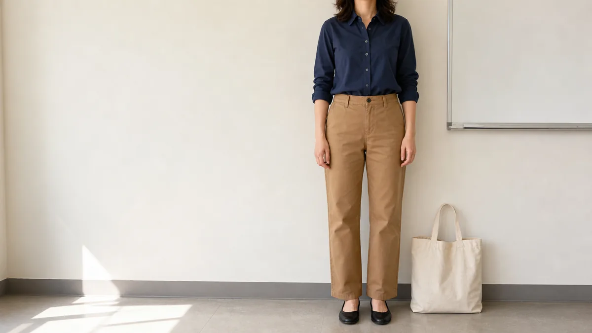 A woman standing against a classroom wall in a navy collared shirt, camel straight-leg trousers and black flats, with a whiteboard edge behind her and a canvas tote at her feet