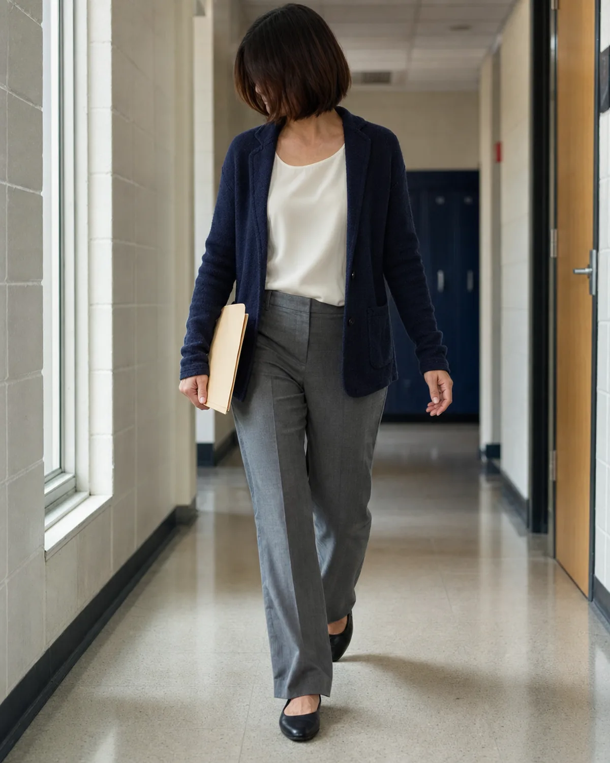 A woman walking mid-stride in a school corridor wearing a navy knit blazer open over a cream shell top and grey trousers, holding a manila folder
