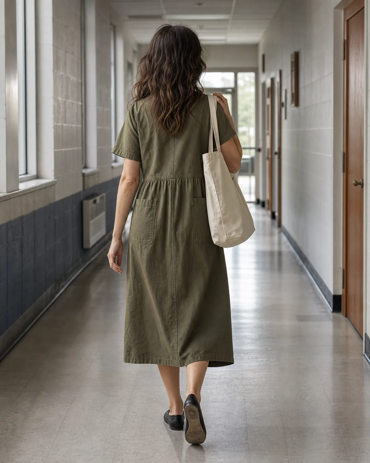 A woman walking away down a school corridor in a muted olive cotton midi dress with patch pockets at the hips, carrying a canvas tote over one shoulder, in black ballet flats