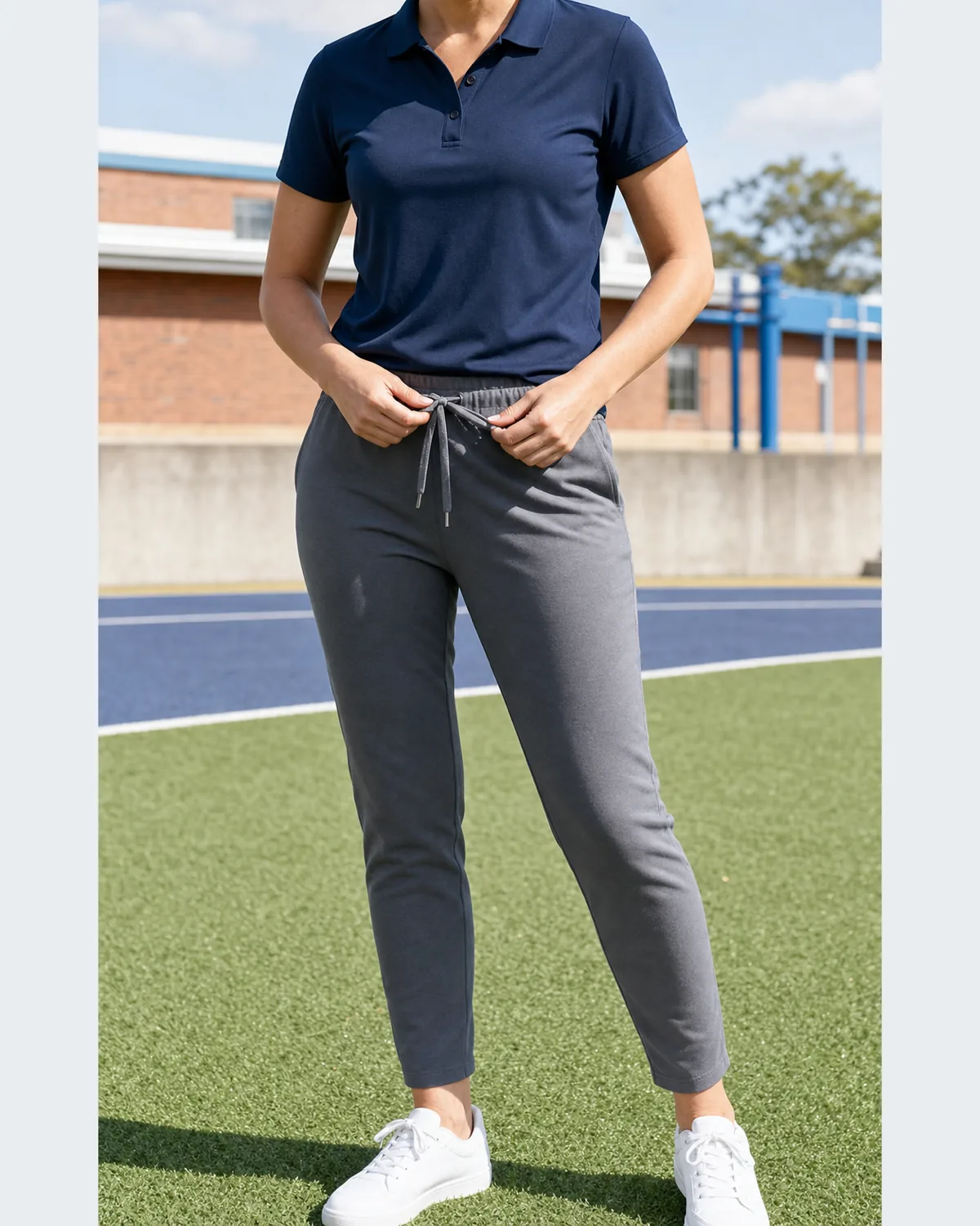 Mid-torso crop of a woman in a navy performance polo and grey tapered joggers adjusting the drawstring, standing on a school athletic field in white trainers