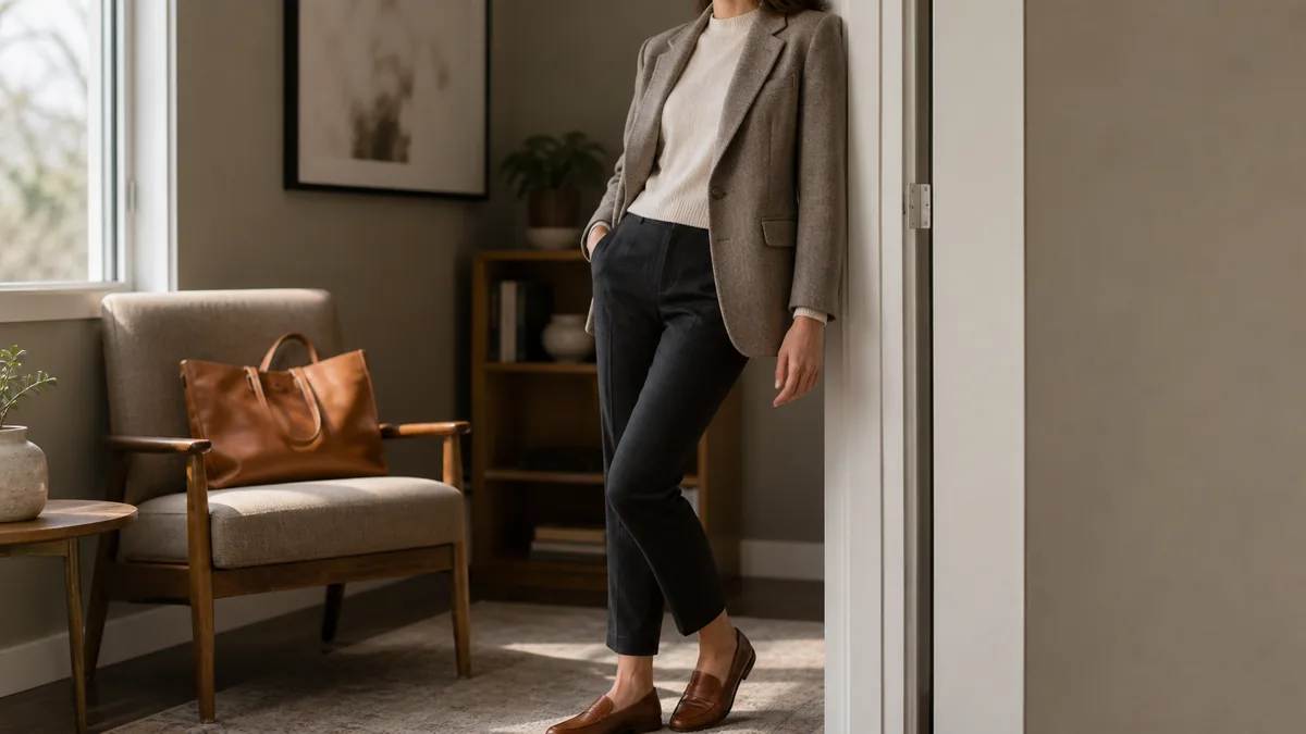 A woman in a taupe soft blazer over an ivory knit top and charcoal trousers standing in the doorway of a warm therapy office with a mid-century armchair and bookshelf behind her
