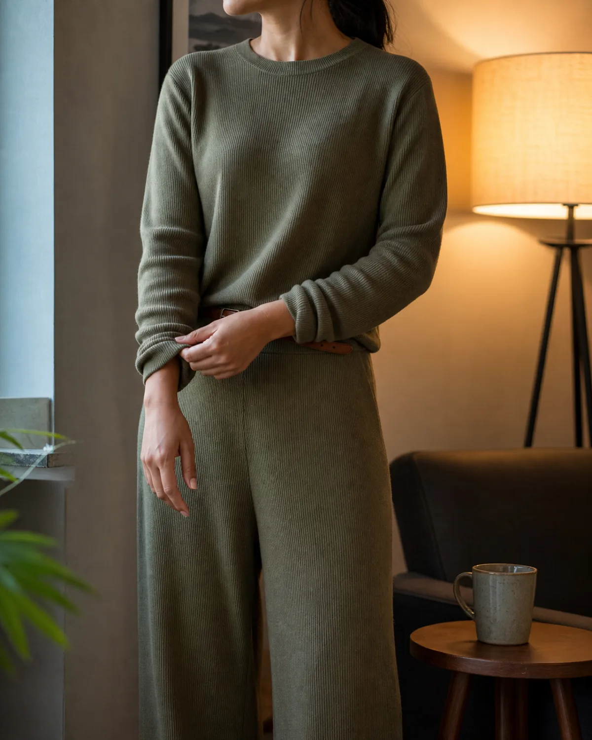 A woman in a sage-olive ribbed knit crewneck top and matching wide-leg knit trousers adjusting her sleeve cuff, standing in a warm office corner near a floor lamp and ceramic mug