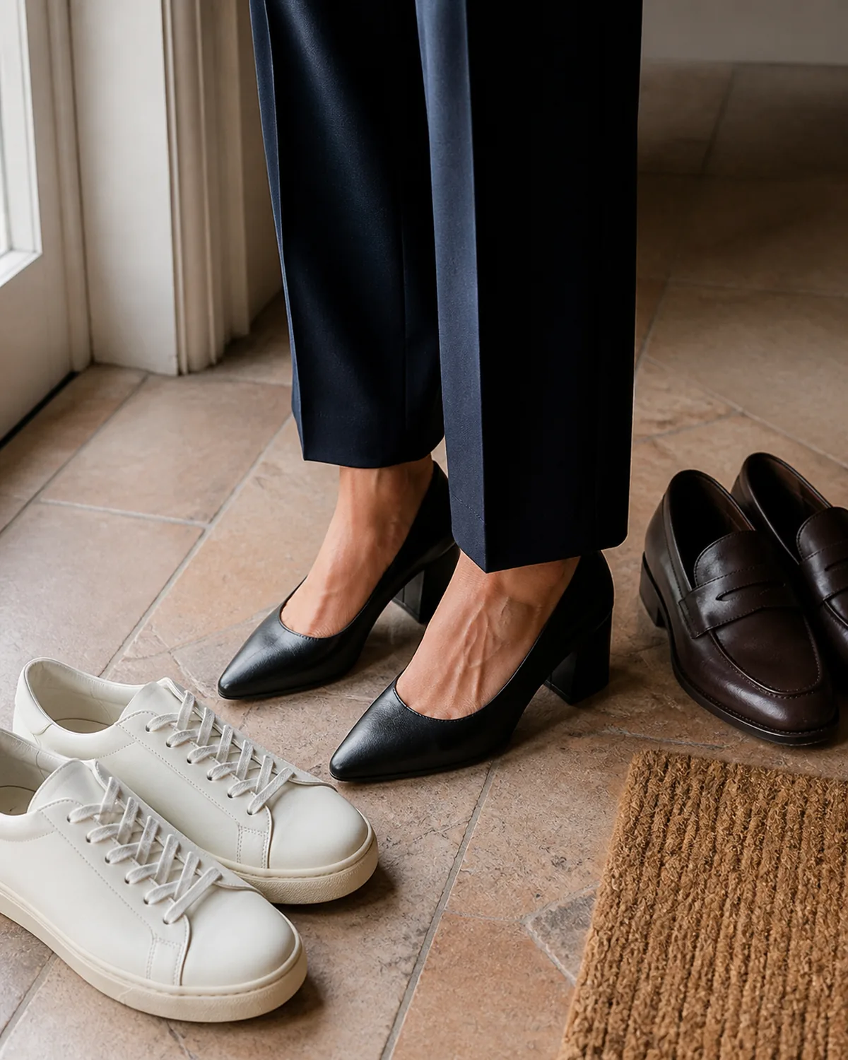 Close-up of feet in black leather block-heel pumps on warm stone tile, with white leather sneakers to the left and dark brown penny loafers to the right, next to a coir doormat