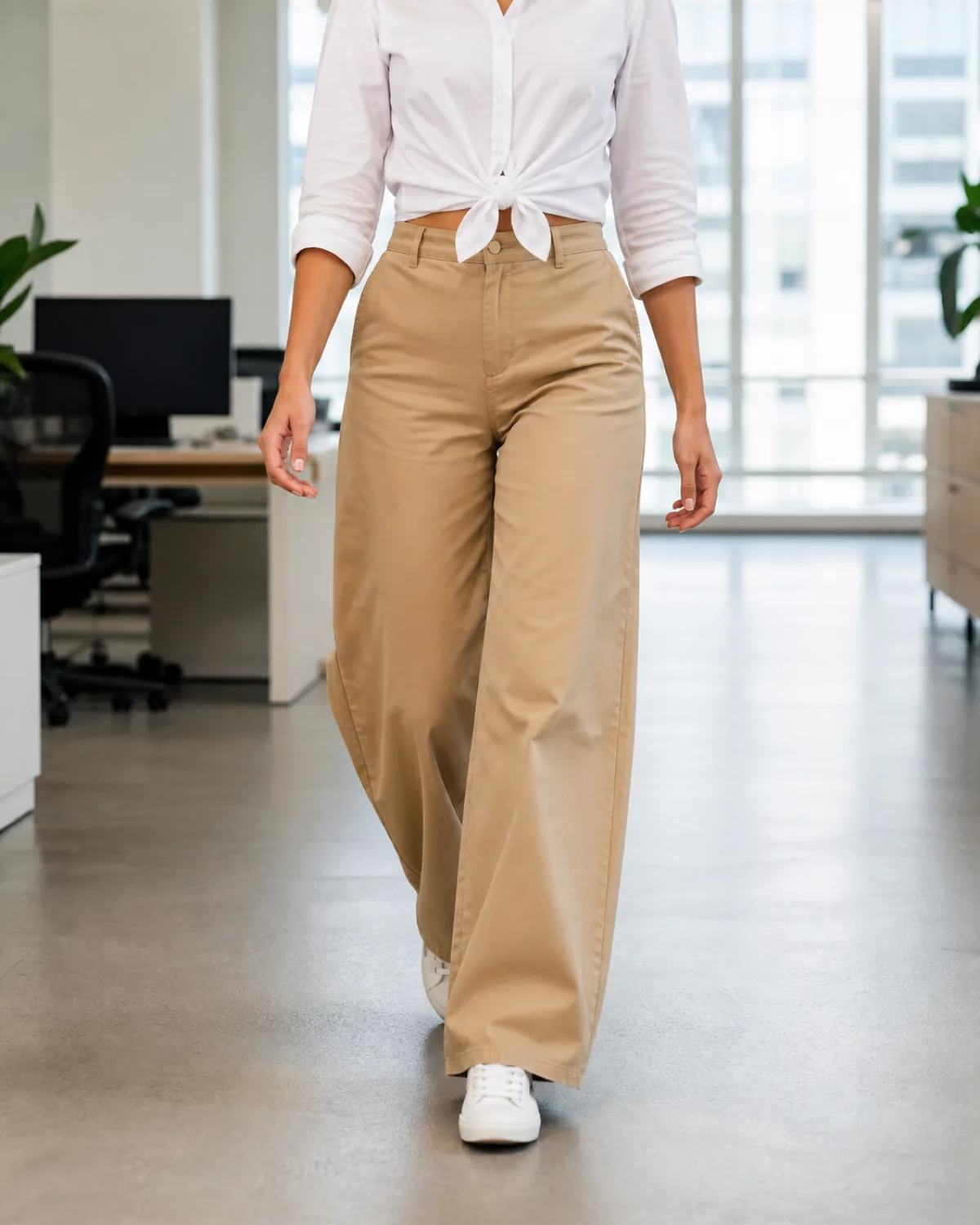 A woman walking mid-stride in a bright open-plan office wearing a white button-down shirt knotted at the waist over tan wide-leg cotton chinos with clean white sneakers, head cropped out of frame