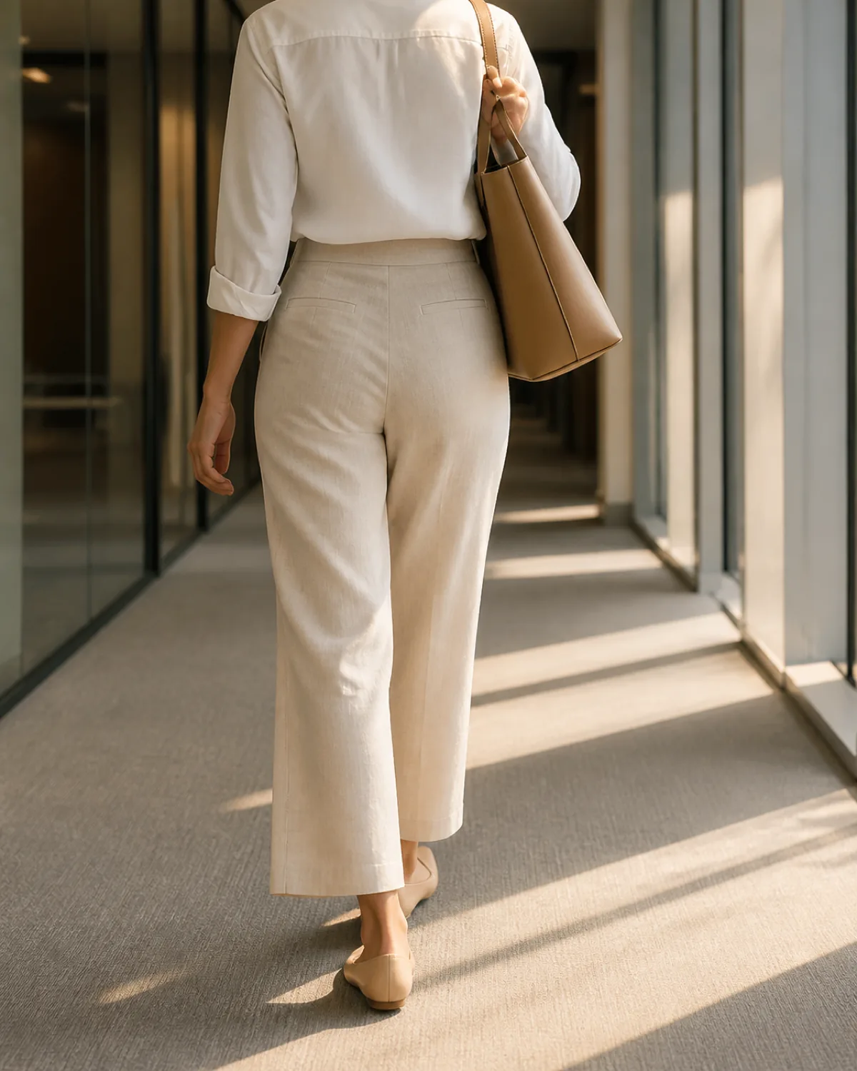 A woman walking away down an office corridor wearing oatmeal wide-leg linen-blend trousers and a white shirt with a tan tote on her shoulder