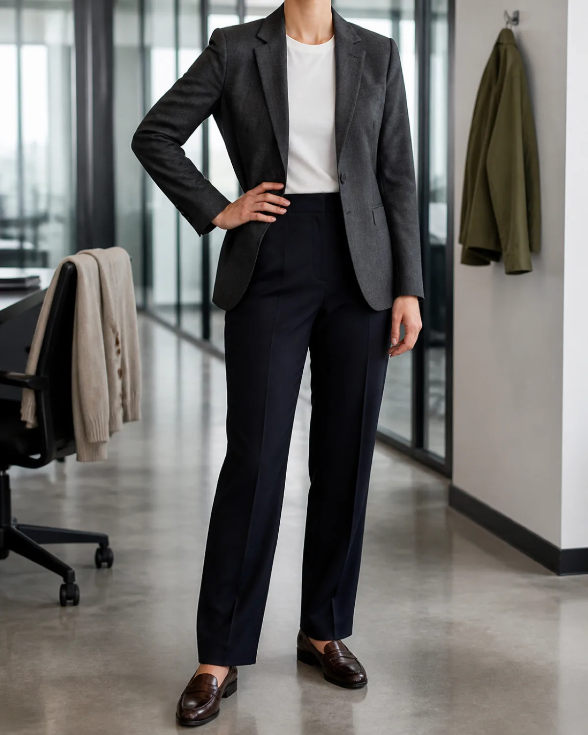 A woman in a charcoal single-breasted blazer over a white crew-neck and navy trousers, standing in a modern office hallway with an oatmeal cardigan on a chair and an olive jacket on a wall hook behind her