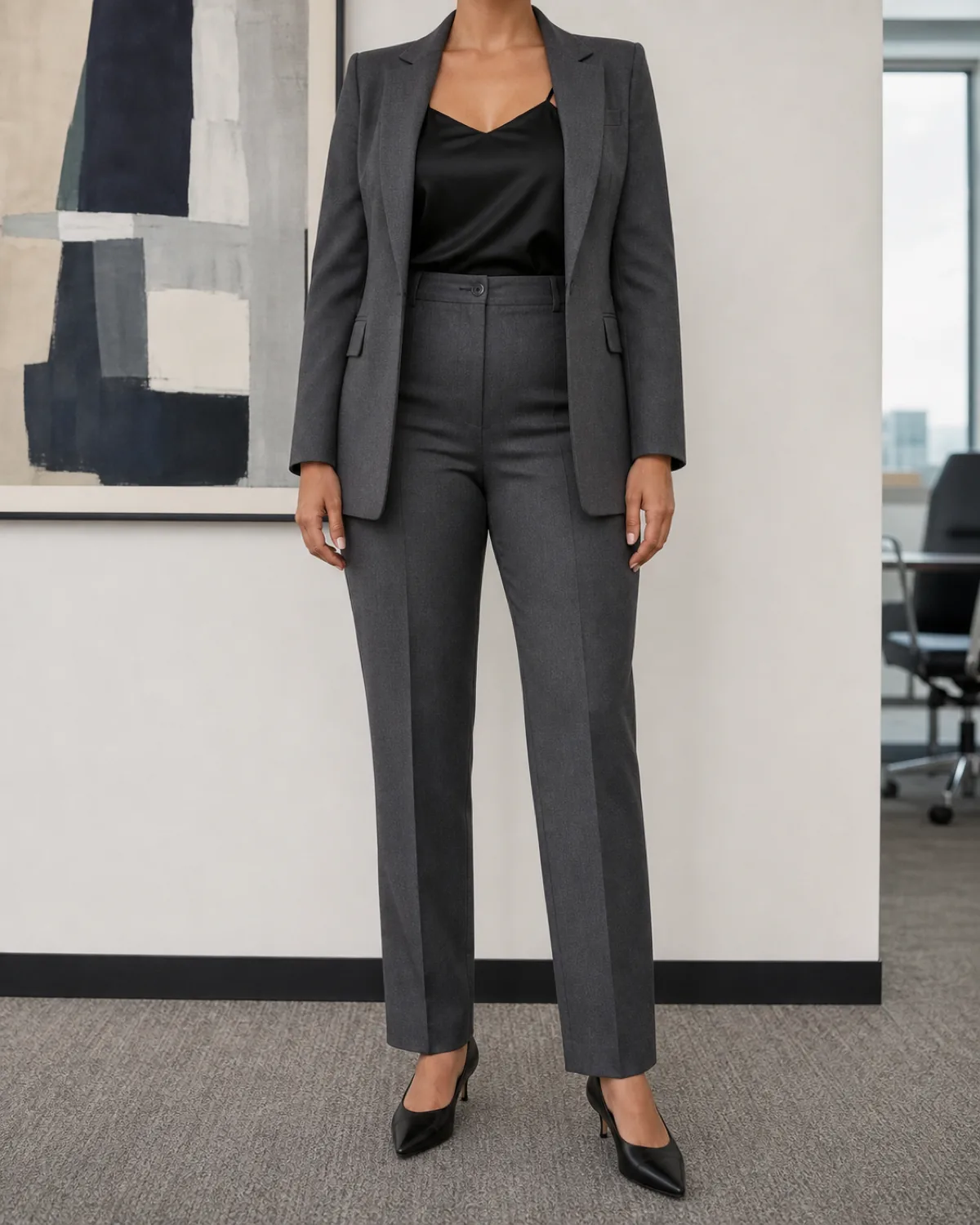 A woman with an apple body shape standing straight-on in a modern office wearing a dark grey open blazer over a black silk camisole with matching dark grey high-waisted tailored trousers and black court shoes