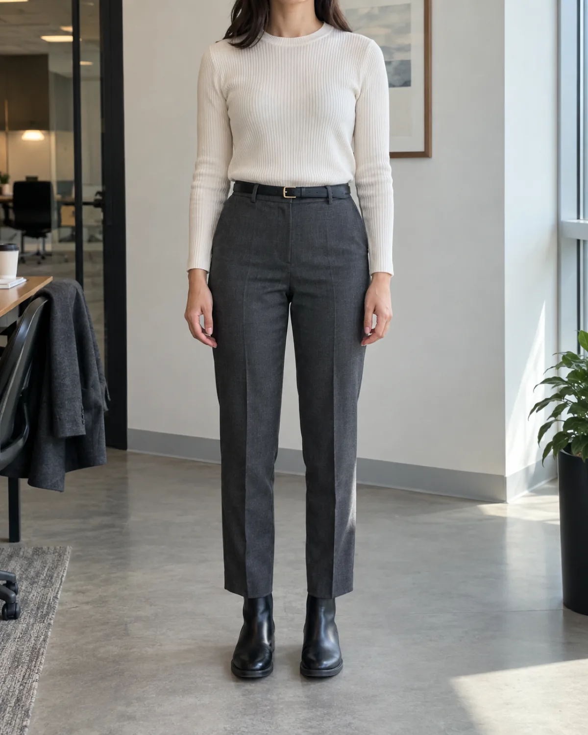 A woman standing straight-on in a modern office hallway wearing a cream ribbed crew-neck knit tucked into charcoal ankle-length tailored trousers with a thin dark belt and black leather Chelsea boots on a grey office floor