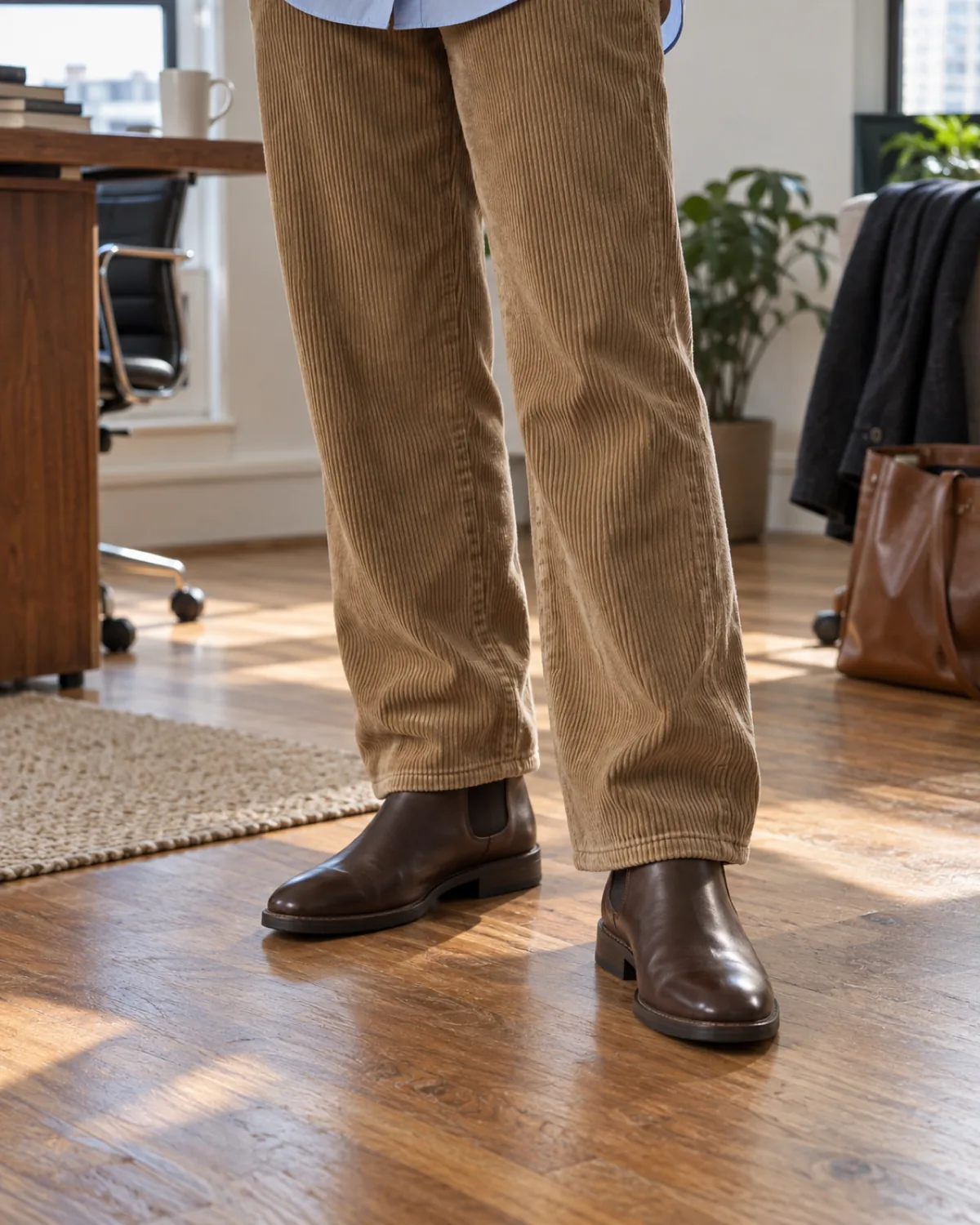 Close crop from mid-calf to floor showing tan wide-wale corduroy trousers breaking slightly over brown leather Chelsea boots on a warm hardwood office floor with a desk and plant in the background