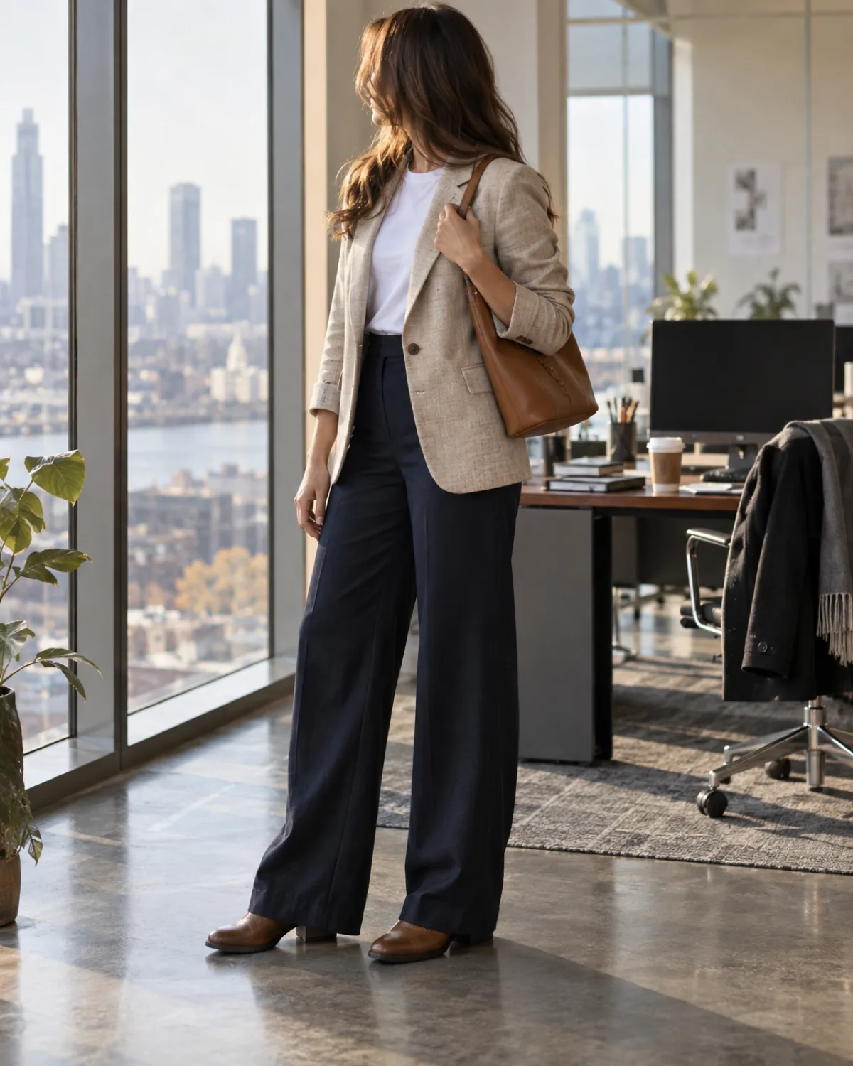 A woman in a three-quarter turn near a large window in an open-plan office wearing cognac leather ankle boots under navy wide-leg trousers with an oatmeal structured blazer over a white crew-neck tee and a brown leather shoulder bag