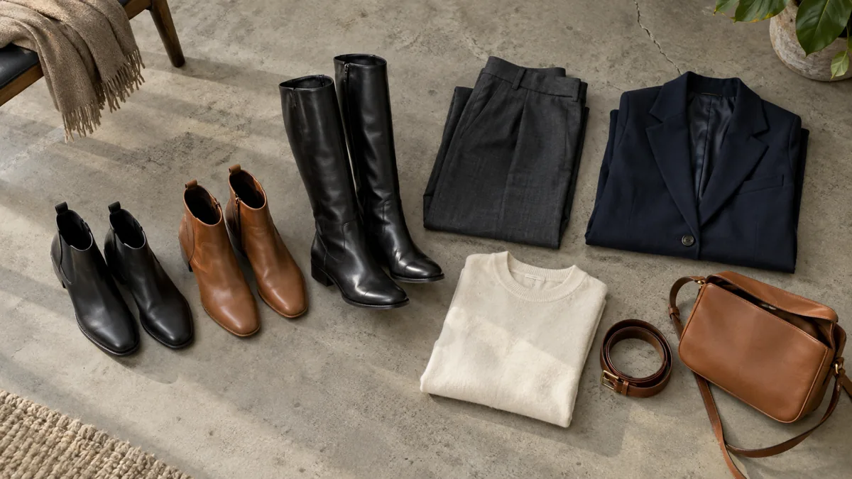 Overhead flat-lay of three pairs of work boots on a concrete floor with a navy blazer, charcoal tailored trousers, an ivory crew-neck knit, a brown leather belt and a tan crossbody bag arranged beside them