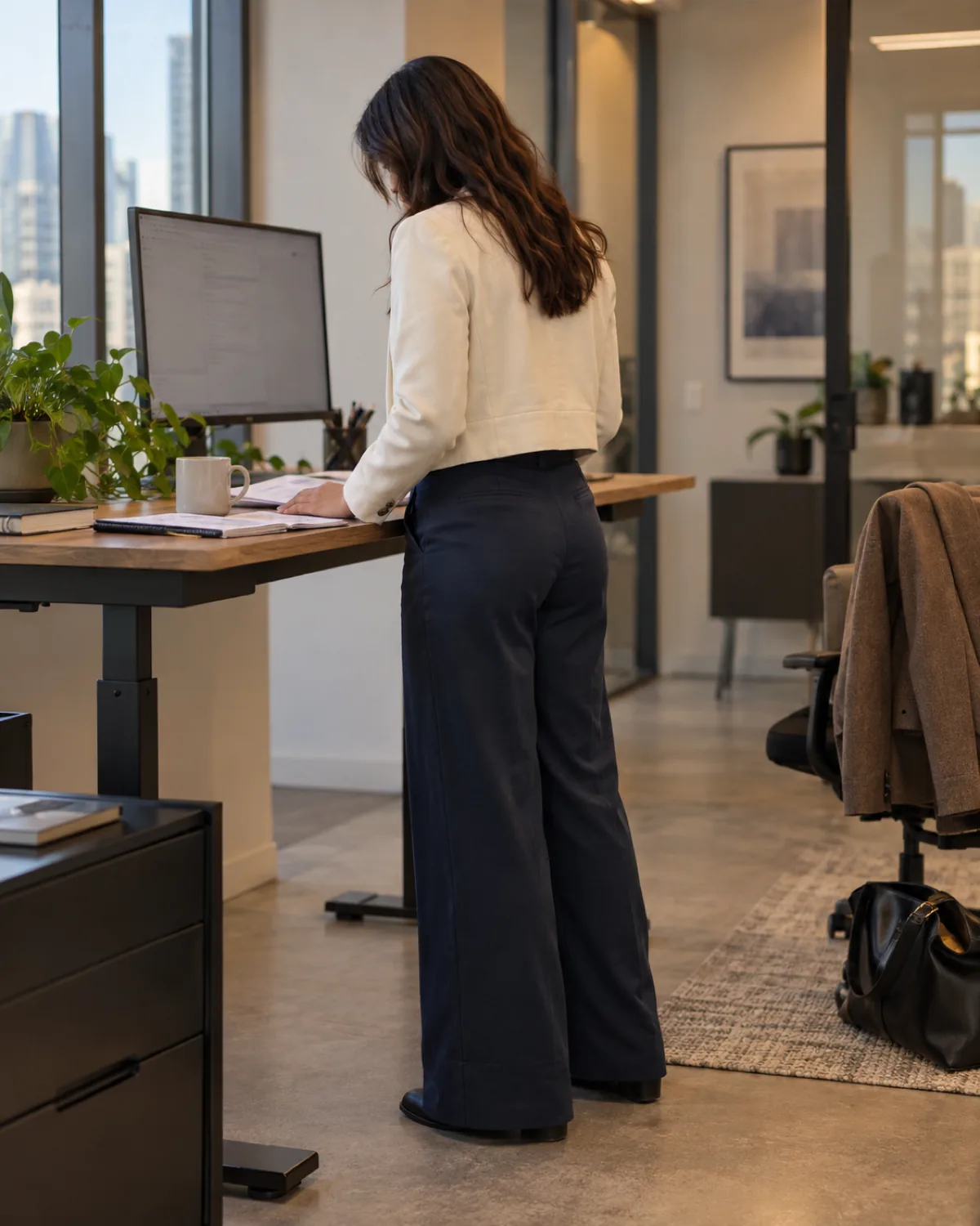 A woman standing at a standing desk viewed from behind in a back-three-quarter angle, wearing a cream cropped jacket over a grey crew-neck tee with navy high-waisted wide-leg trousers, the flat ankle boots hidden beneath the trouser hem