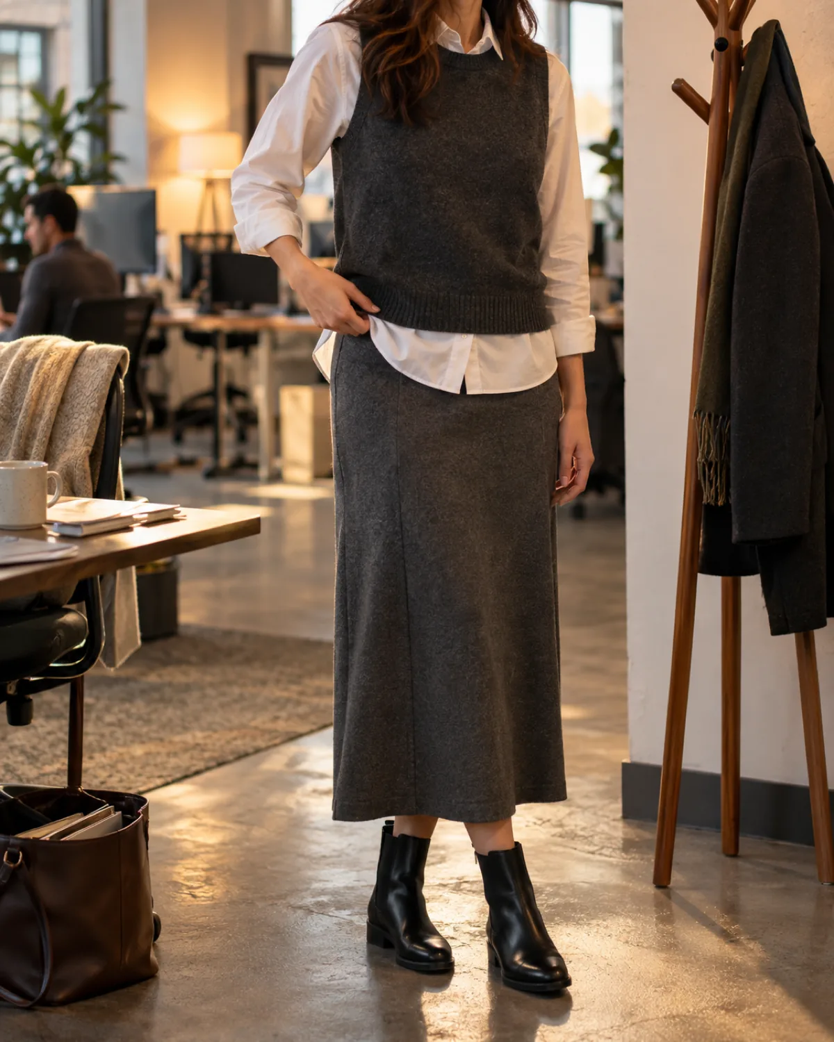 A woman standing in a warm-lit open-plan office near a wooden coat rack, wearing black flat Chelsea boots under a dark grey wool midi skirt with a white oversized button-down shirt and a charcoal knit vest layered over it, her right hand adjusting the vest hem