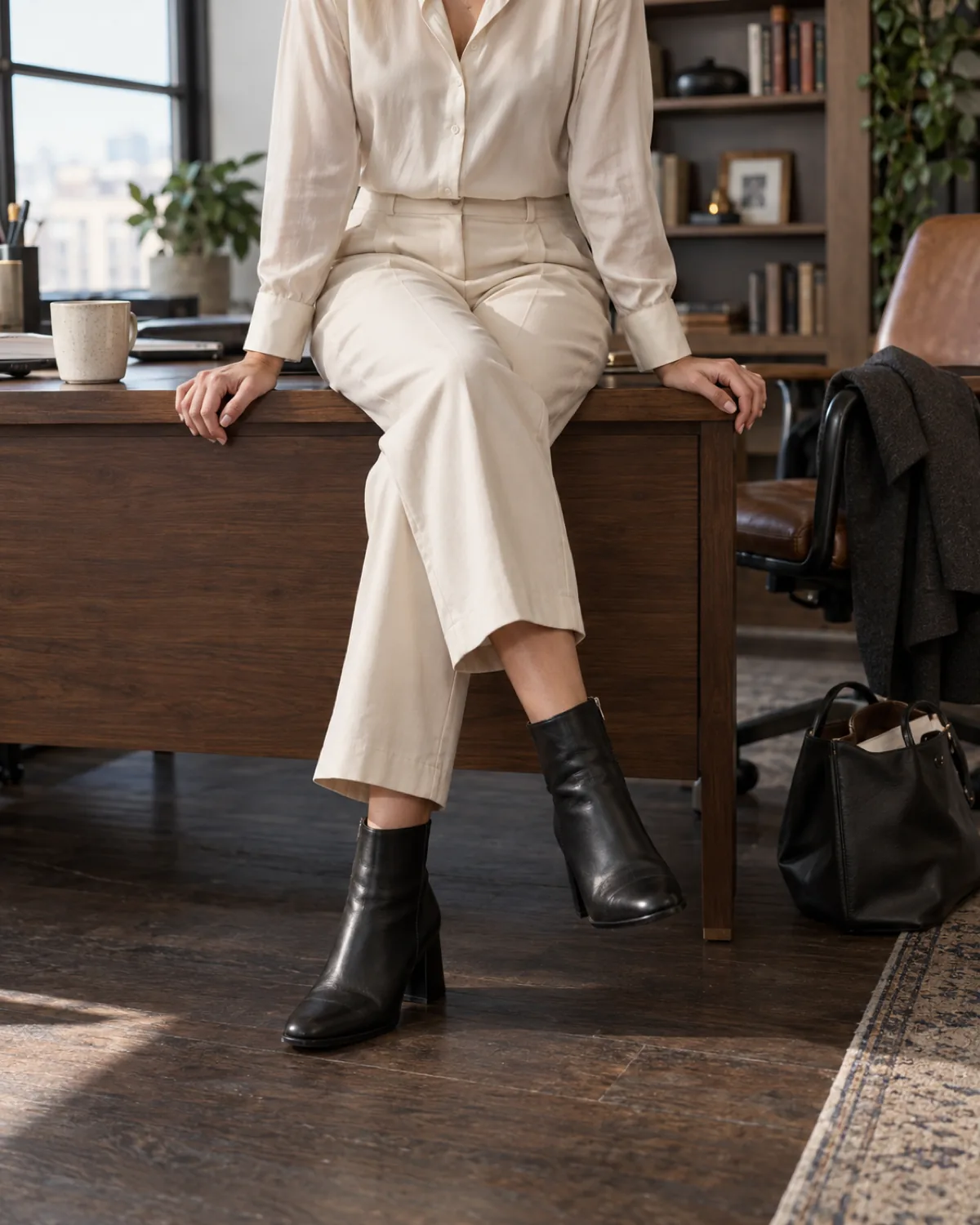 A woman seated on the edge of a wooden office desk with legs crossed at the ankle wearing black leather heeled ankle boots with cream cropped wide-leg trousers and an ivory silk blouse tucked in, both hands resting on the desk edge