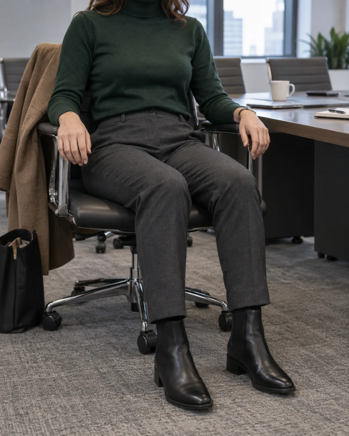 A woman seated in a modern conference chair with both feet flat on a grey carpet floor, wearing black heeled Chelsea boots under charcoal tapered trousers and a forest green fine-gauge roll-neck knit, both hands resting on the armrests