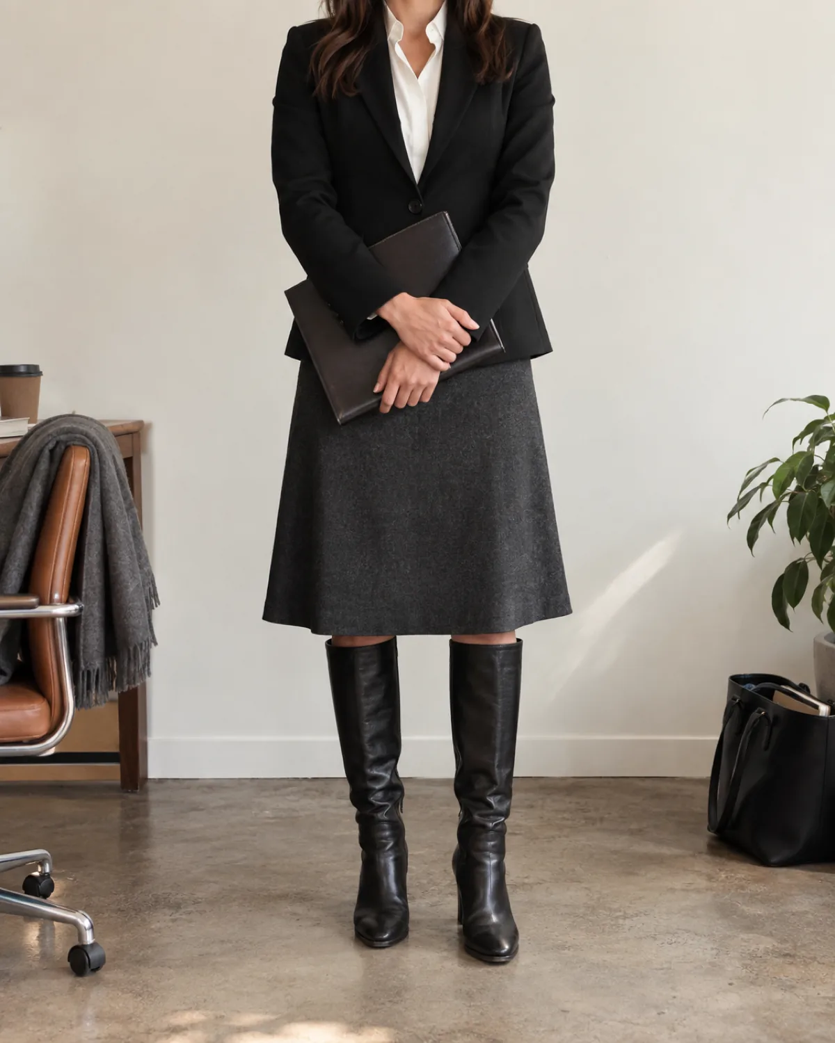 A woman standing straight-on in front of a plain cream office wall, arms crossed at the waist holding a dark leather portfolio folder, wearing black knee-high leather boots under a charcoal wool-blend A-line skirt and a black single-button blazer over a white blouse