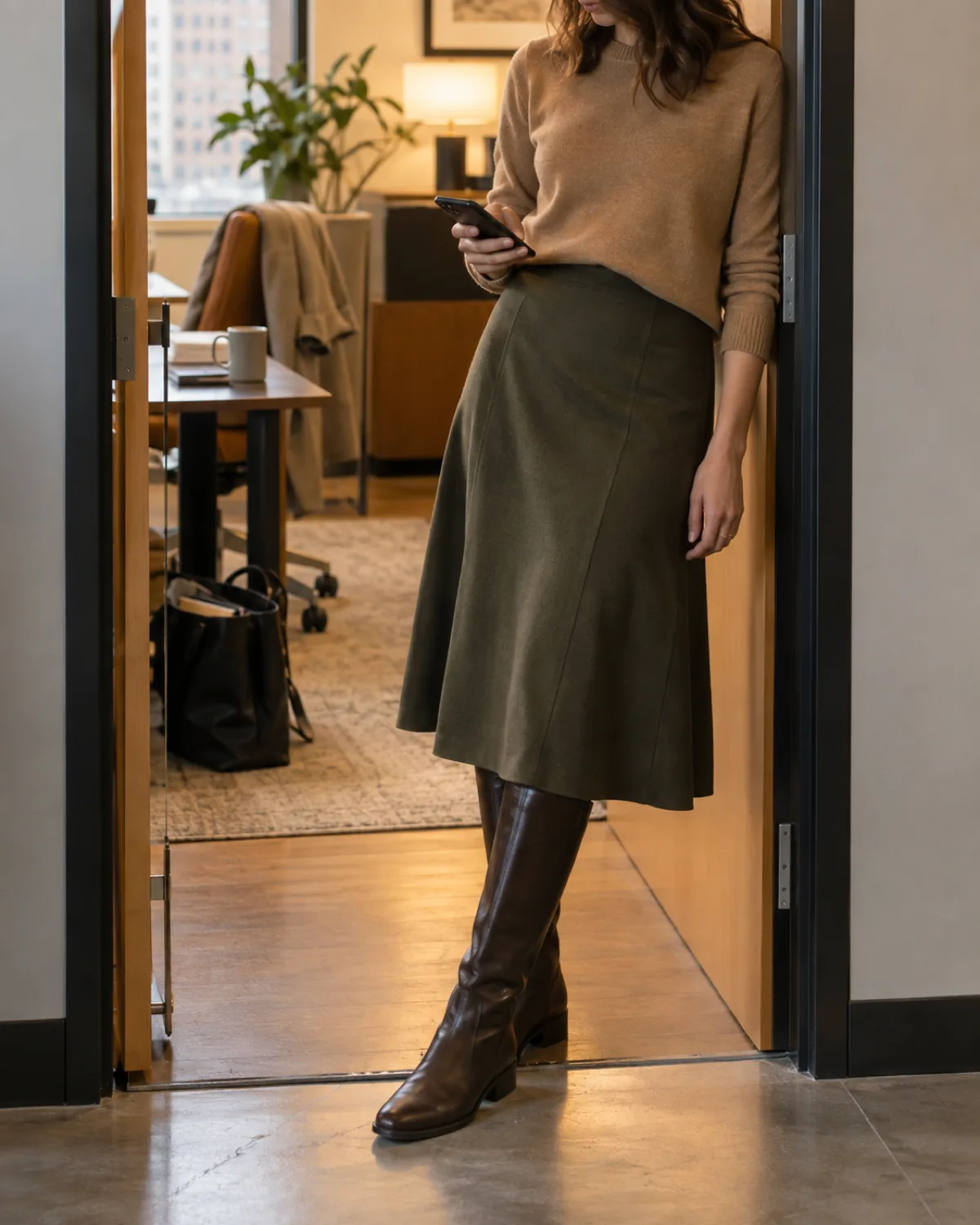 A woman standing in an office doorway with her left shoulder leaning against the frame, looking down at a phone, wearing dark brown flat riding-style knee-high boots under an olive A-line midi skirt and a camel crew-neck sweater