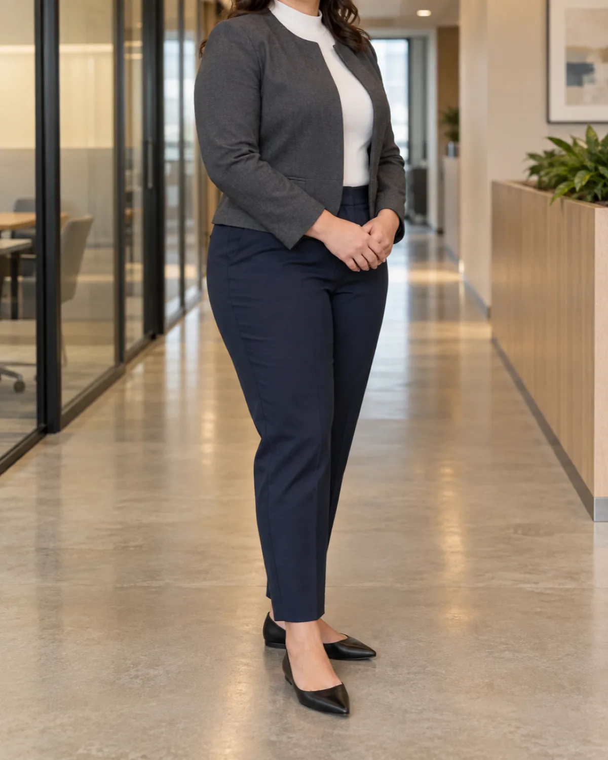A curvy woman in three-quarter turn from the right with hands clasped at waist wearing a grey collarless jacket over a white mock-neck top with navy tapered trousers and black flats, head cropped out of frame