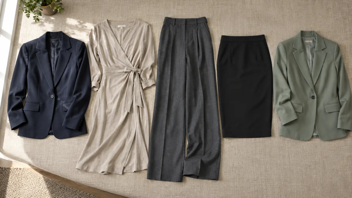 Overhead flat-lay of five curvy workwear pieces on warm linen including a navy blazer with suppressed waist, teal wrap dress, olive wide-leg trousers, charcoal pencil skirt and black ponte blazer