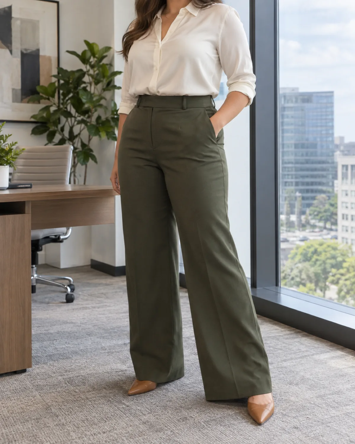 A curvy woman in three-quarter turn near a window wearing olive high-waisted wide-leg trousers with a flat-front waistband, an ivory blouse and tan flats, head cropped out of frame