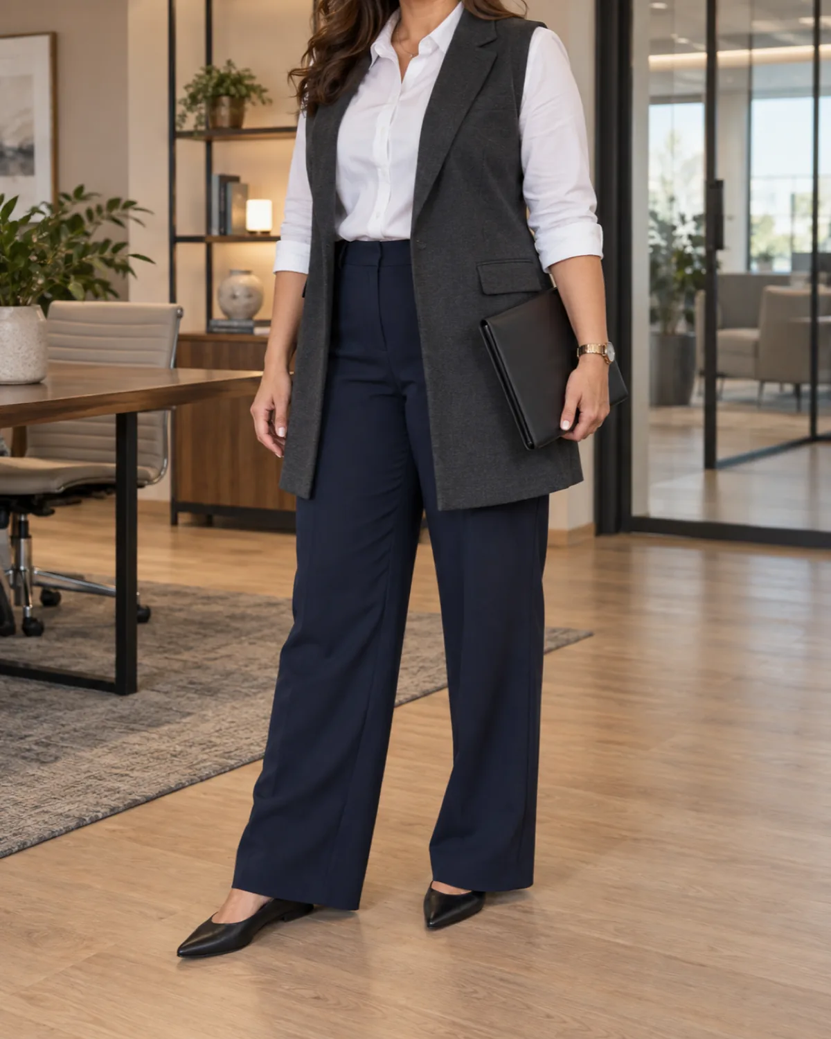 A curvy woman in three-quarter turn holding a folder at her hip wearing a charcoal longline vest ending at mid-thigh over a white button-front shirt with navy wide-leg trousers and black flats, head cropped out of frame