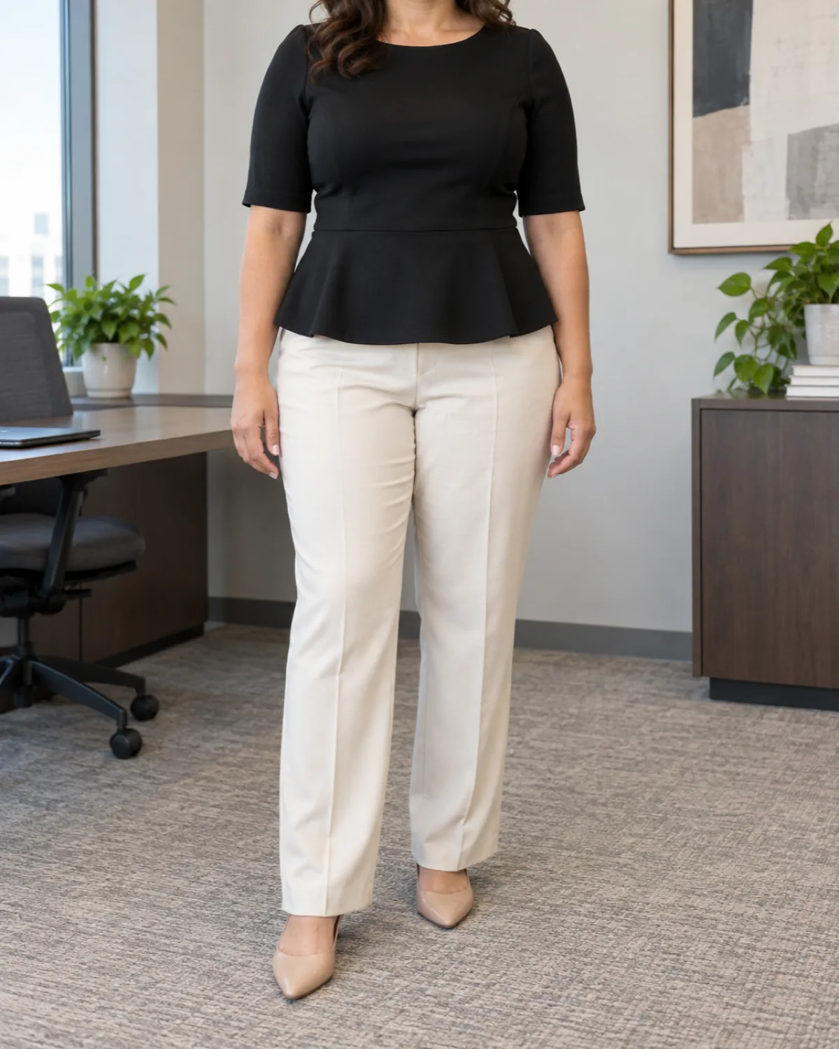 A curvy woman standing straight-on with weight slightly forward wearing a black peplum top with a subtle flare at the hip over cream straight-leg trousers and nude flats, head cropped out of frame