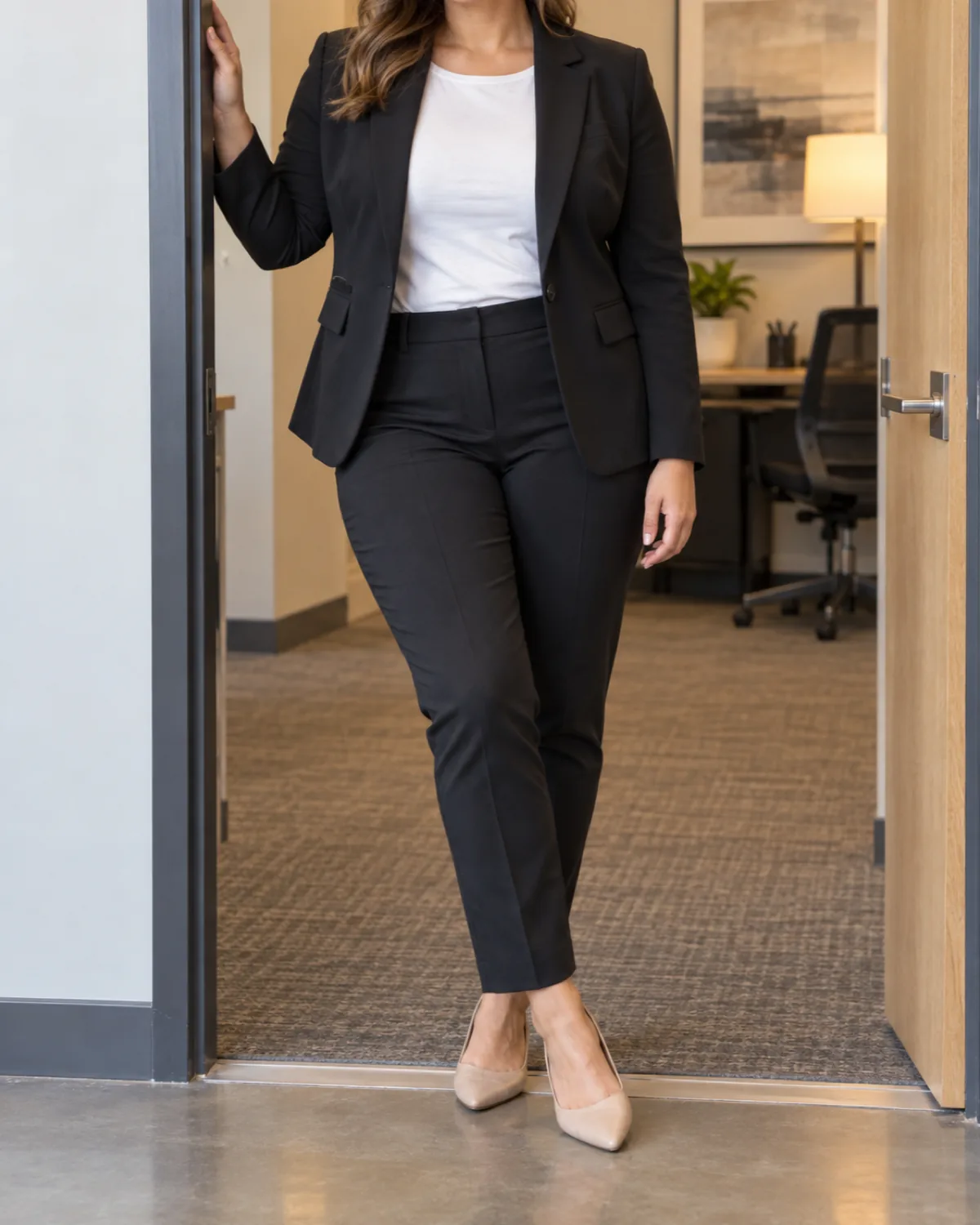 A curvy woman standing in a doorway leaning one shoulder against the frame, wearing a black ponte blazer over a white crew-neck top with slim dark trousers and nude flats, head cropped out of frame