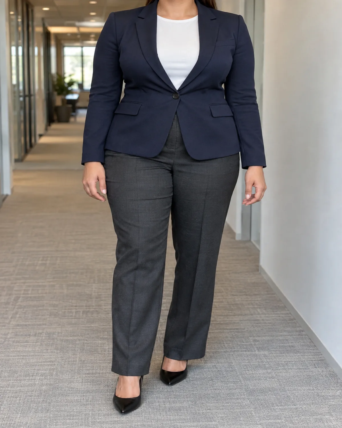 A curvy woman standing straight-on in a modern office wearing a navy single-breasted blazer with visible waist suppression over a white top, charcoal trousers and black pumps, head cropped out of frame