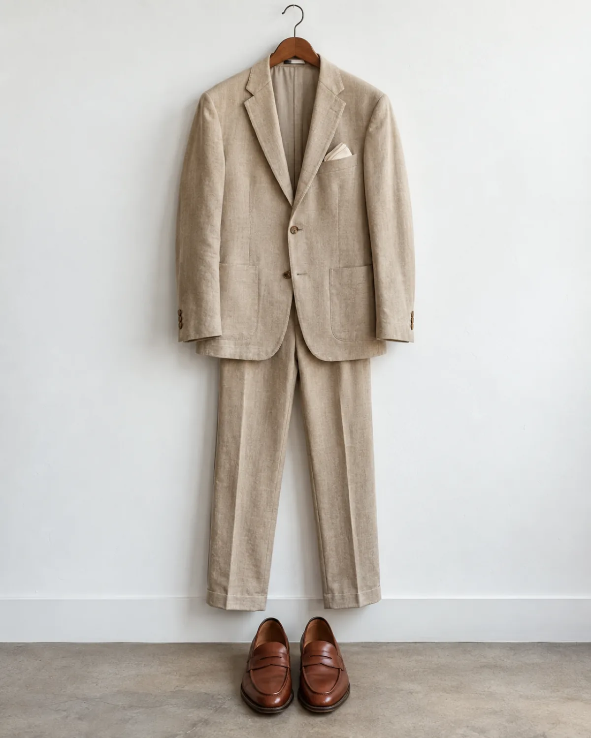 An oatmeal cotton-blend suit on a thick wooden hanger against a plain white wall, single-breasted two-button blazer with a cream pocket square and matching straight-leg trousers, cognac leather loafers placed on the floor below