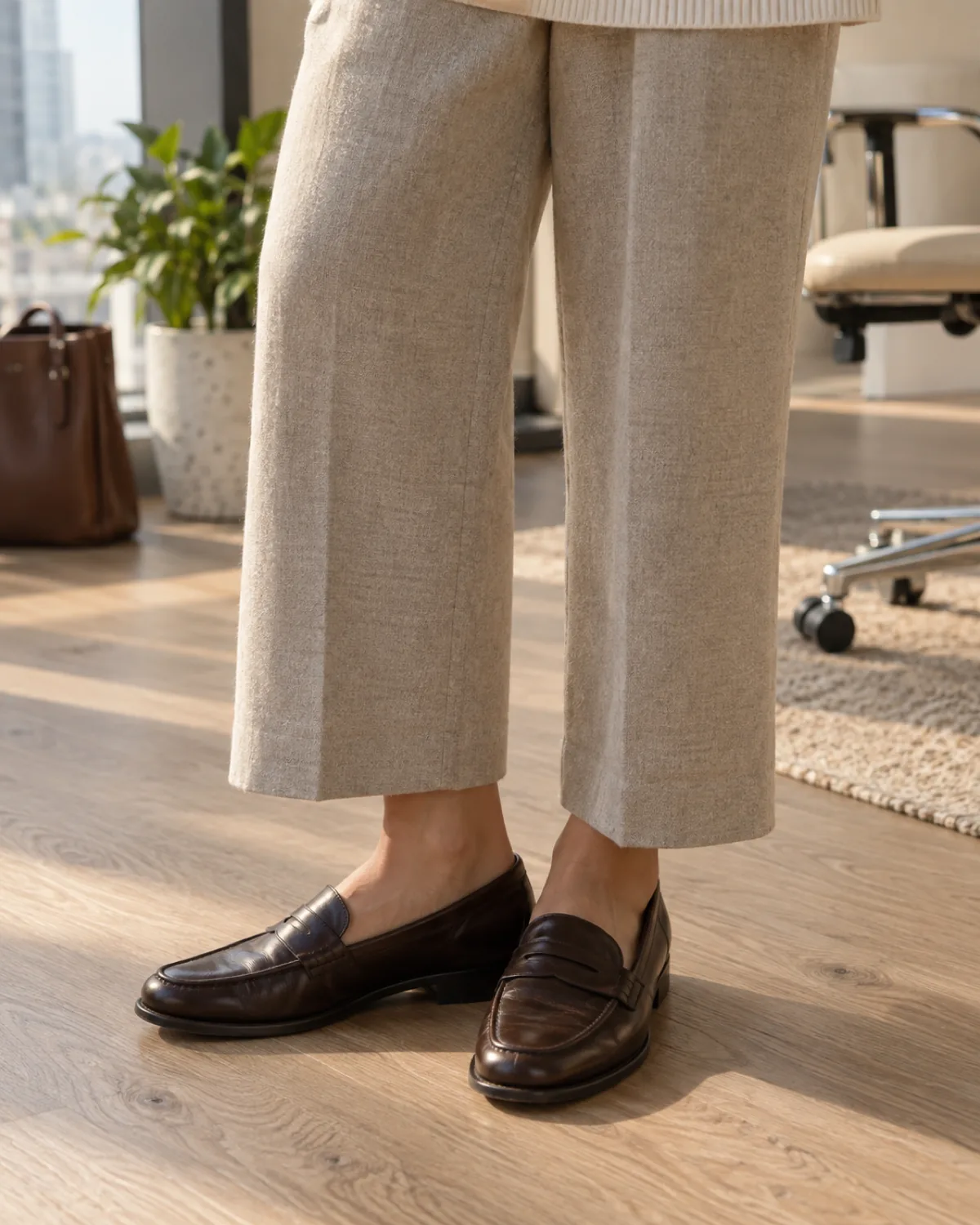 Close crop on lower legs showing oatmeal cropped wide-leg trousers ending above the ankle with dark brown leather penny loafers on a light oak office floor, a sliver of cream sweater hem visible at the top of the frame