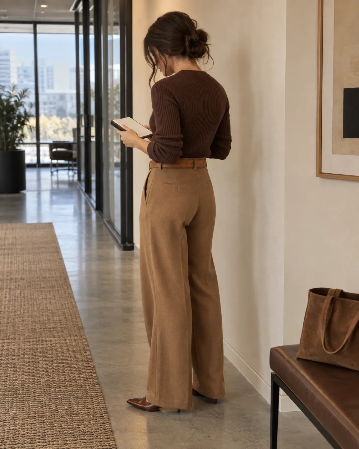 A woman in a back-three-quarter turn looking down at a notebook in her hands in an office corridor, wearing a chocolate ribbed knit crew-neck, camel wide-leg trousers, a tan suede belt and cognac pointed-toe shoes, with a suede tote on a leather bench nearby