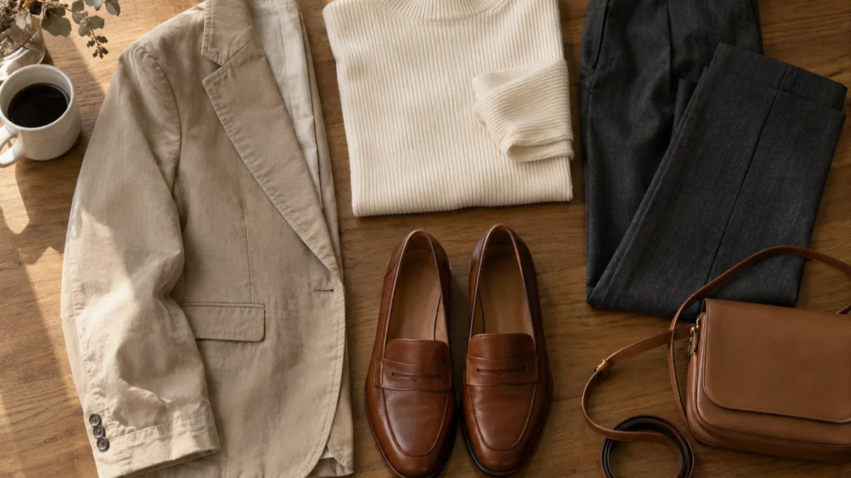 Overhead flat-lay of early-fall work wardrobe pieces on a warm oak desk surface including a sand cotton blazer, cream ribbed mock-neck knit, charcoal ankle trousers, cognac penny loafers and a tan leather crossbody bag