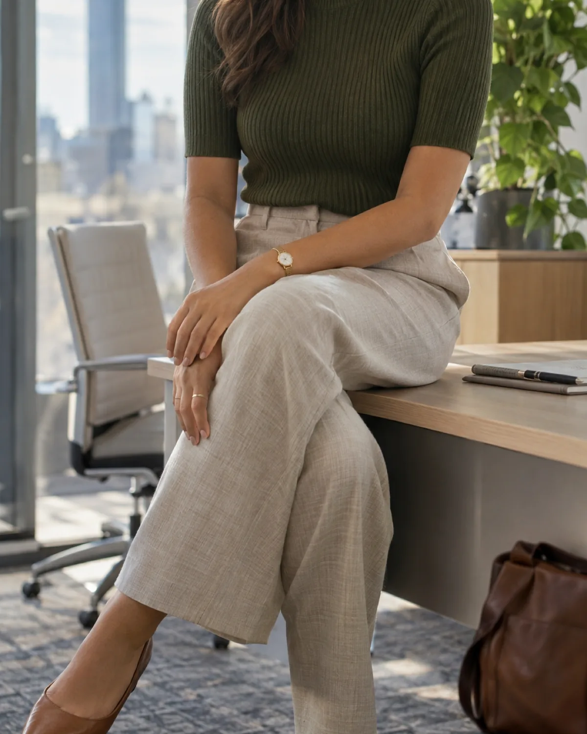 A woman seated at a desk edge with legs crossed wearing a moss-green half-sleeve ribbed knit top tucked into oatmeal high-waisted wide-leg trousers with tan pointed-toe flats and a gold watch