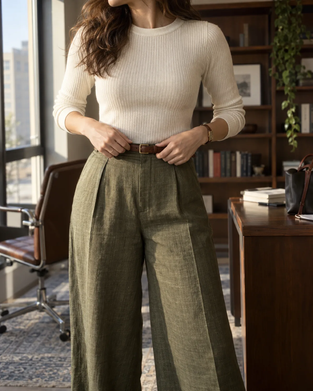 Mid-torso crop of a woman adjusting a brown leather belt at her waist, wearing a fitted cream ribbed crew-neck knit tucked into olive wide-leg linen-blend trousers with visible linen texture, in front of an office bookshelf