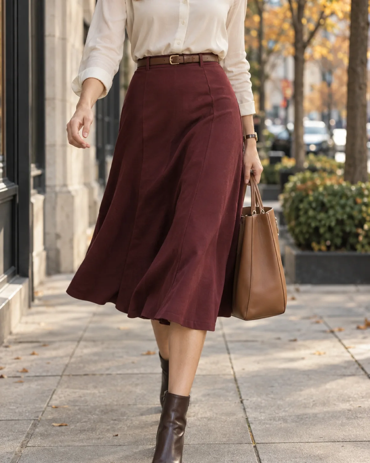 A woman walking mid-stride on an urban sidewalk in soft early-morning light wearing a cream long-sleeve silk blouse tucked into a burgundy A-line midi skirt with a brown leather belt, brown ankle boots and a tan leather tote, autumn leaves scattered on the pavement