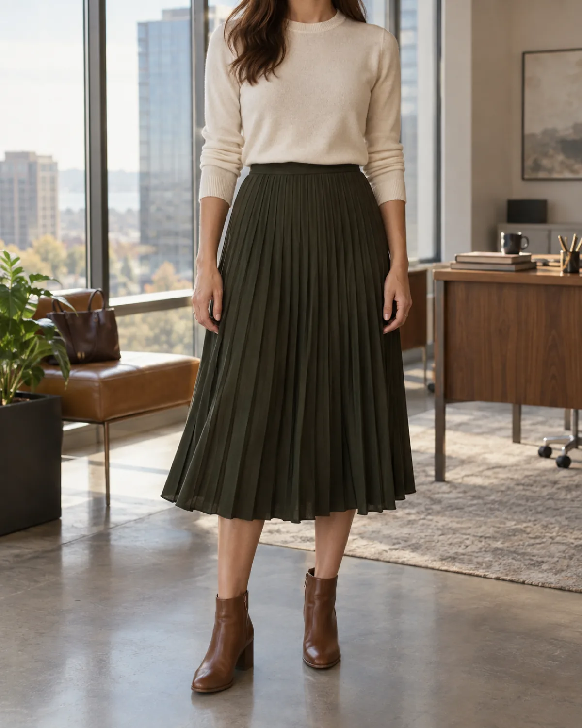 A woman standing straight-on in a modern office with floor-to-ceiling windows wearing a cream lightweight merino crew-neck knit tucked into a dark olive pleated midi skirt with visible knife pleats and cognac leather ankle boots with a low stacked heel