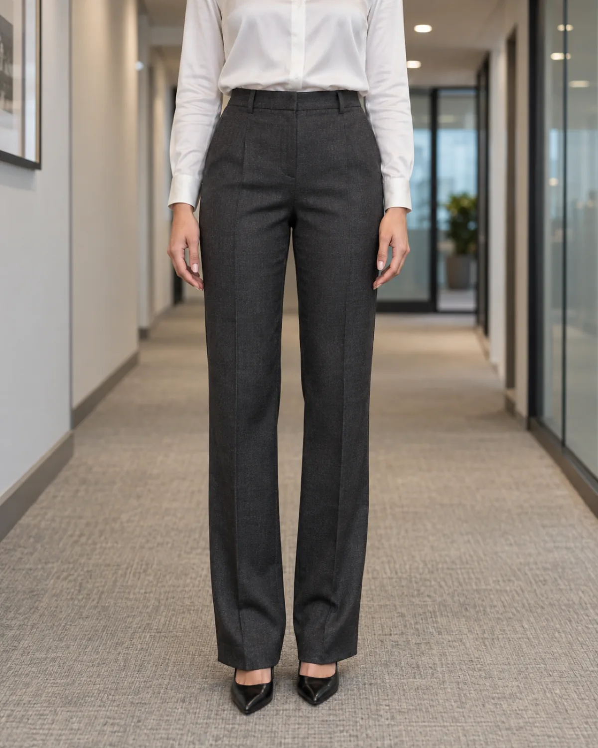 A woman standing straight-on in a corporate office corridor wearing charcoal straight-leg wool trousers with a front crease, a tucked-in white silk blouse and black pointed-toe pumps, head cropped out of frame