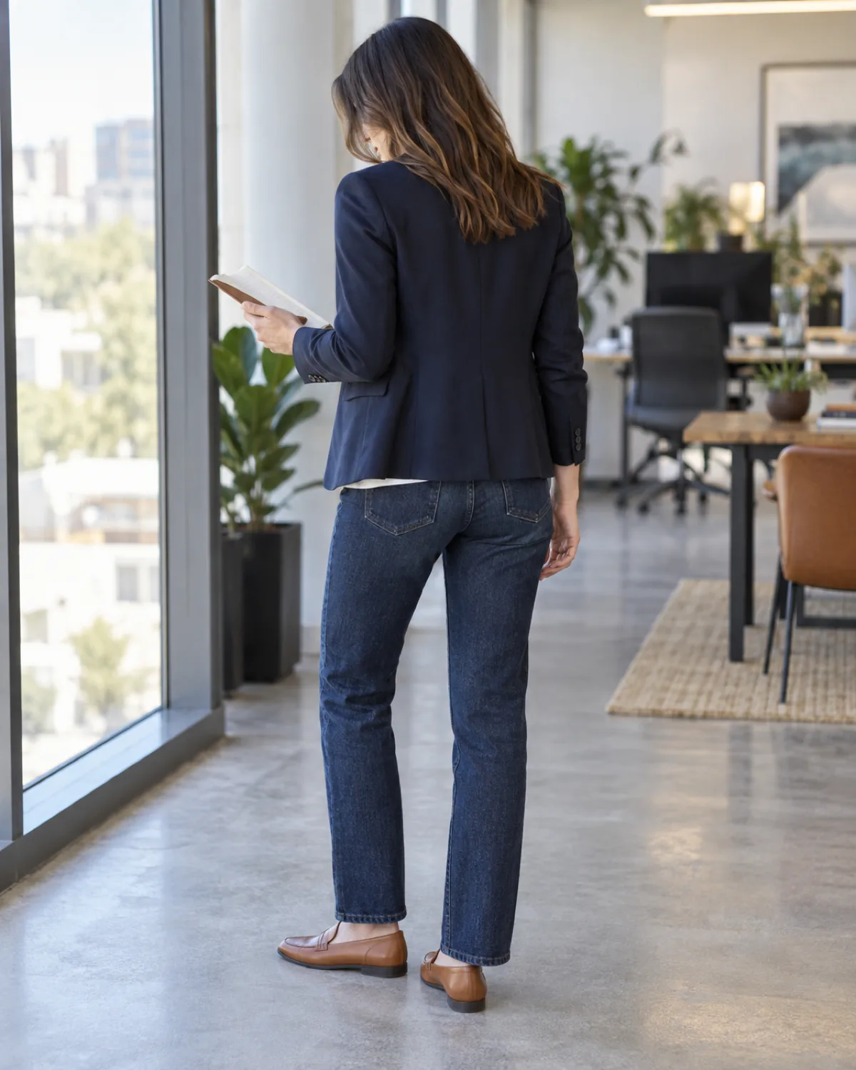 A woman in back-three-quarter view looking down at a small notebook, wearing dark indigo straight-leg jeans with a navy blazer over a white crew-neck top and tan leather loafers, standing near a tall window in an open-plan office