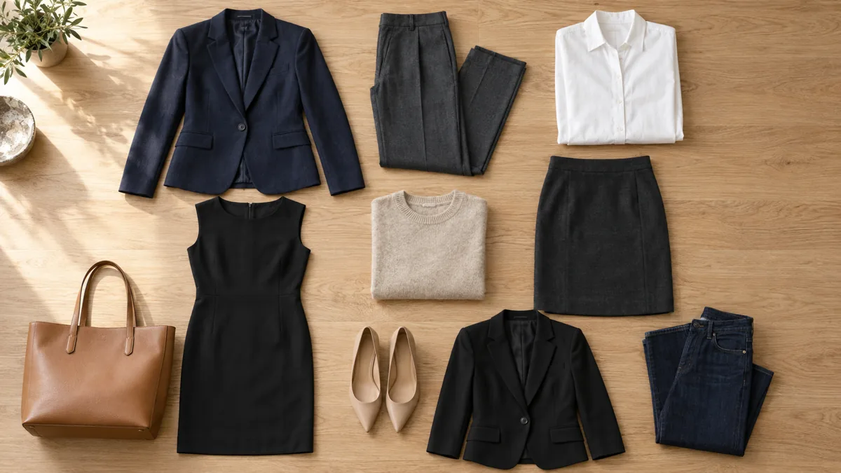 Overhead flat-lay of ten women's workwear essentials arranged on a light oak surface including a navy blazer, charcoal trousers, white shirt, black sheath dress, oatmeal sweater, pencil skirt, camel tote, nude pumps, ponte blazer and dark jeans
