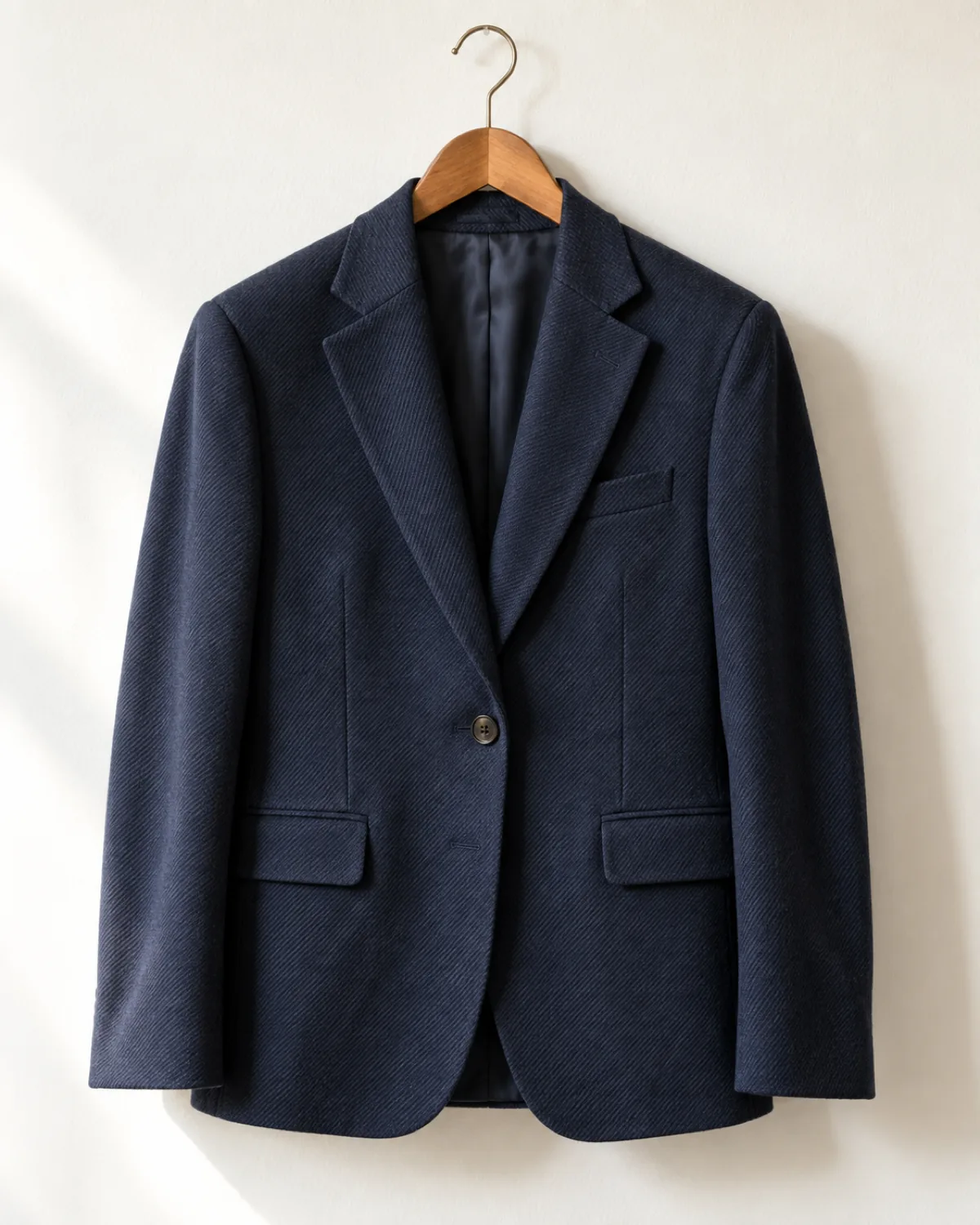 A navy single-breasted wool blazer hanging on a slim wooden hanger against a plain warm-white wall, showing the full front from collar to hem with visible wool texture and horn-tone buttons