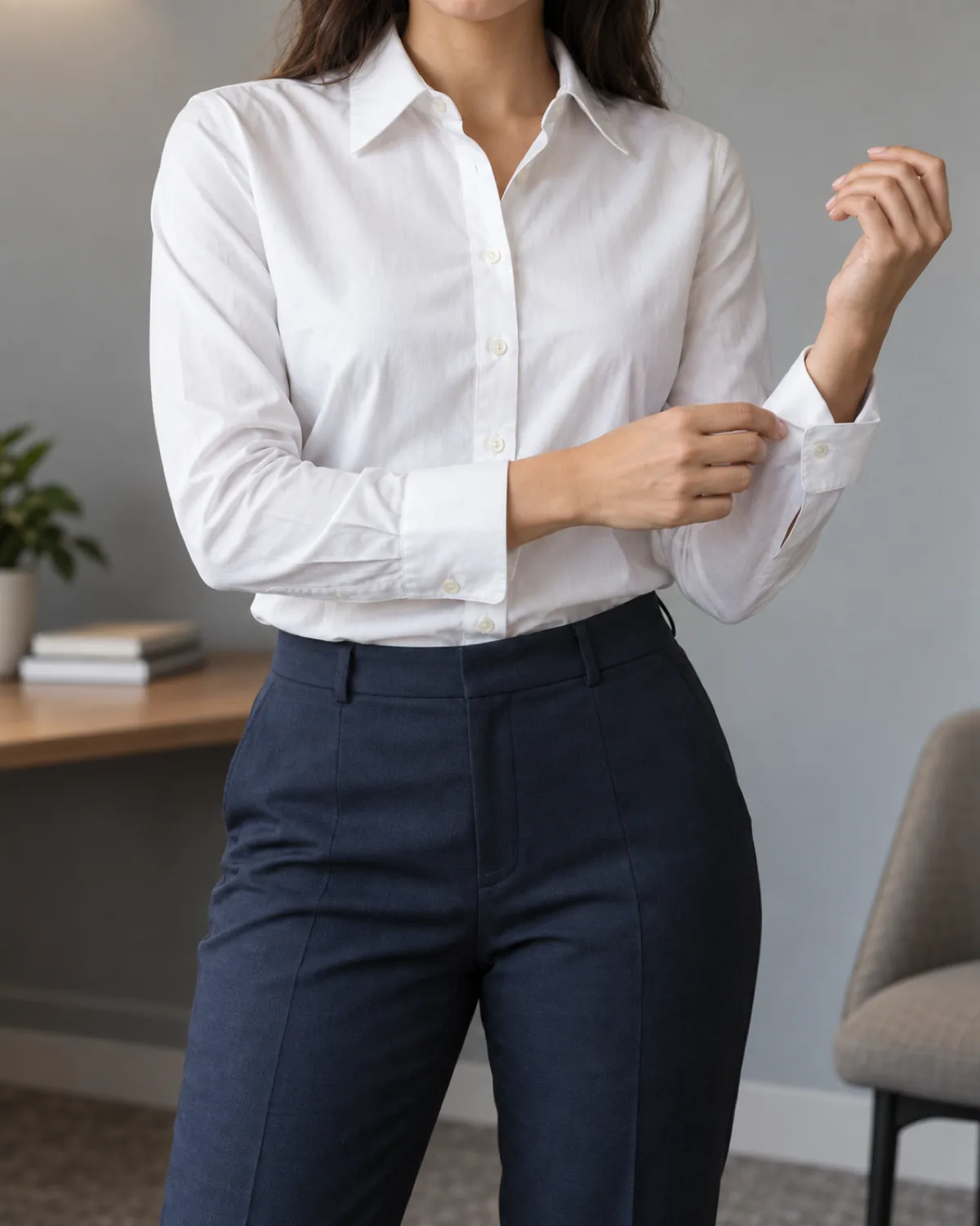 A woman in a mid-torso crop from chin to knee, right hand adjusting the left shirt cuff of a white cotton button-front shirt with a spread collar, tucked into navy tailored trousers, head cropped out of frame