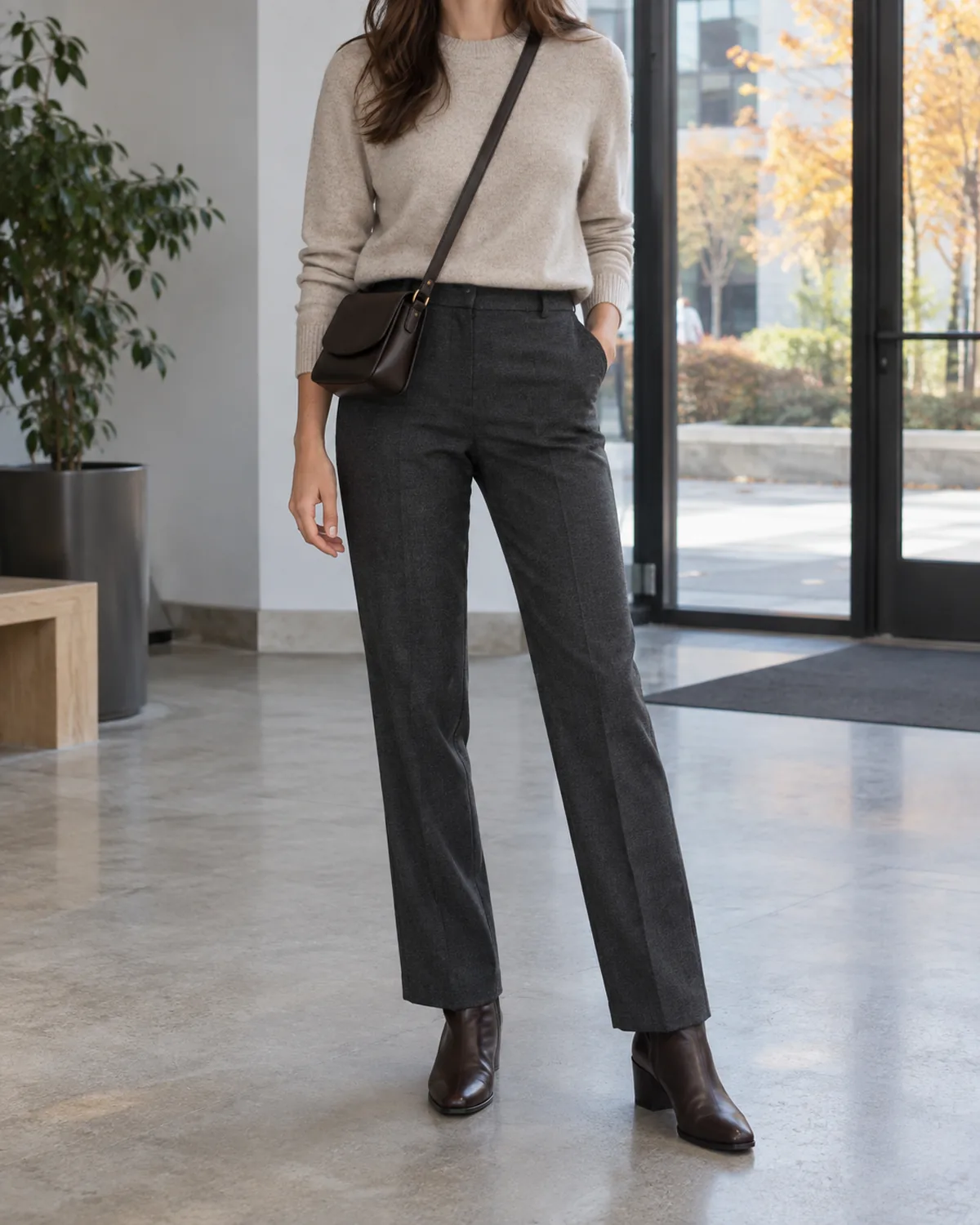 A woman standing in a minimalist office entrance wearing an oatmeal cashmere crewneck tucked into dark charcoal straight-leg trousers with brown ankle boots and a small dark crossbody bag, autumn foliage visible through glass doors