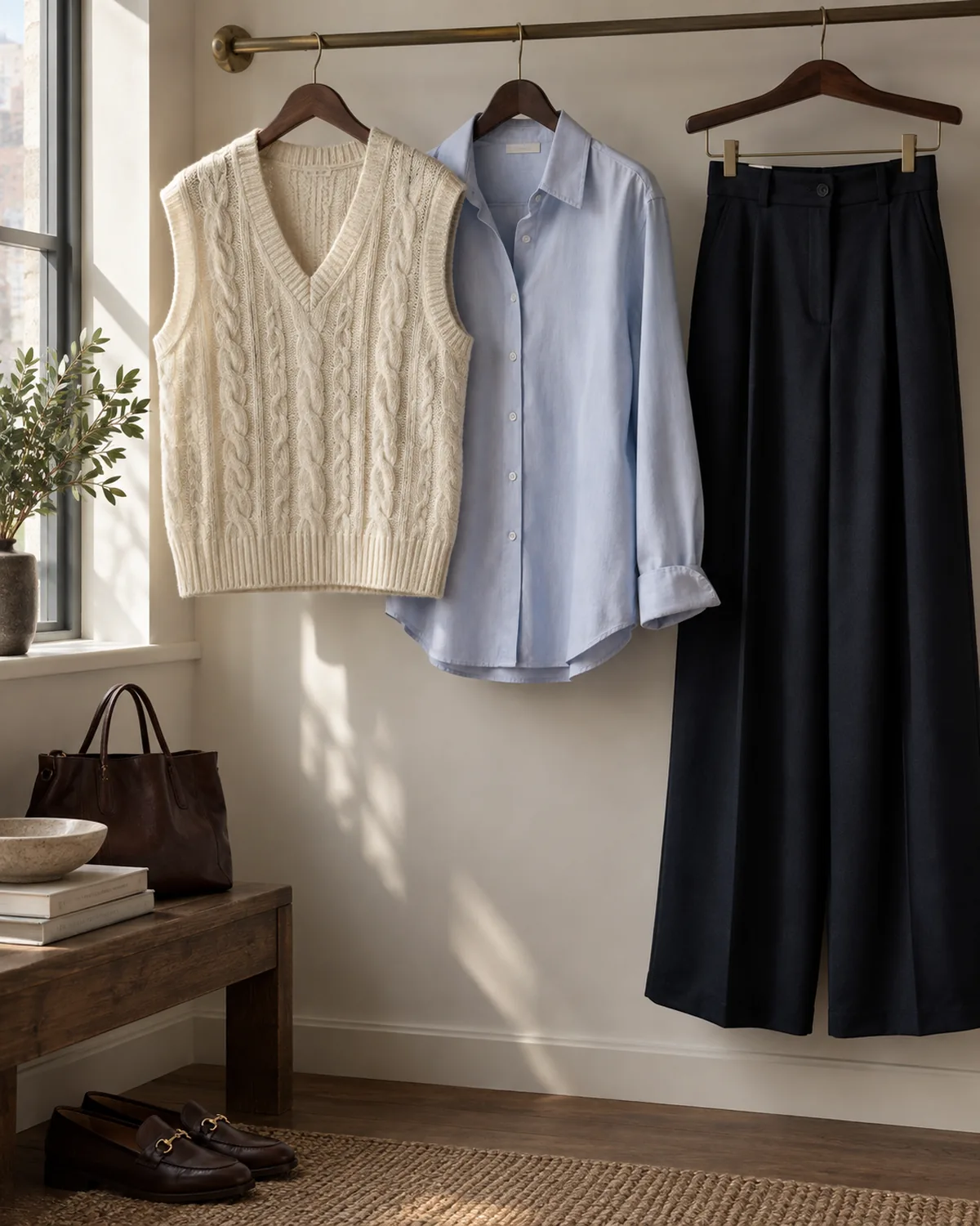 Three garments on wooden hangers against a warm white wall: a cream cable-knit sweater vest, a light blue cotton button-front shirt and dark navy wide-leg trousers, with brown leather loafers on the floor below