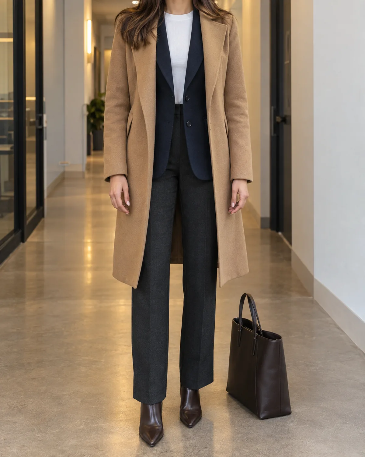 A woman standing in an office hallway wearing a camel wool-blend coat open over a navy blazer, white crewneck top and dark charcoal trousers with brown ankle boots and a dark leather tote