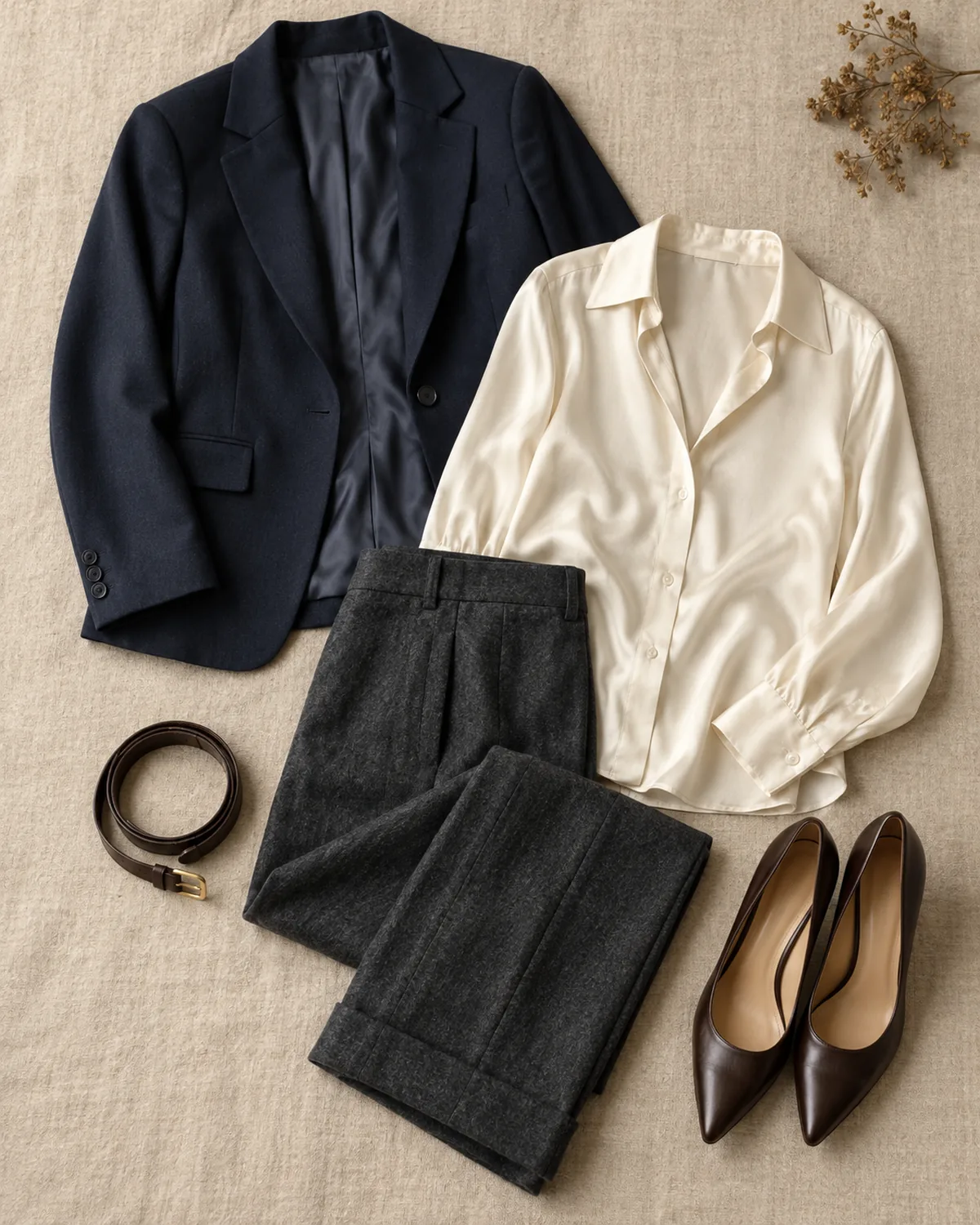 Overhead flat-lay of a navy single-breasted blazer, ivory silk blouse, dark charcoal flannel wool trousers, a coiled brown leather belt and dark brown pointed-toe pumps arranged on a warm linen surface